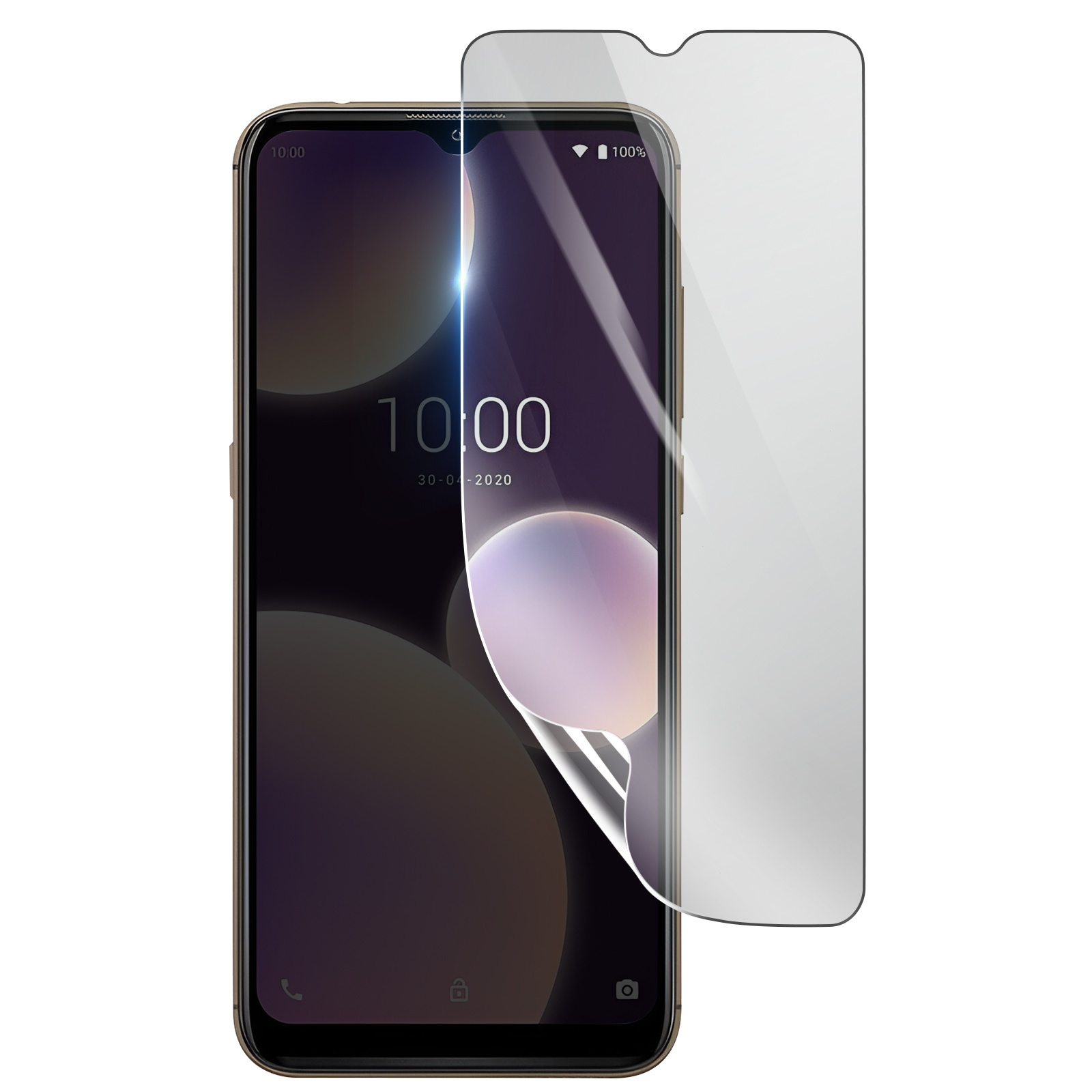 Un smartphone con un protector de pantalla siendo aplicado. El teléfono muestra la hora y el protector está parcialmente despegado.