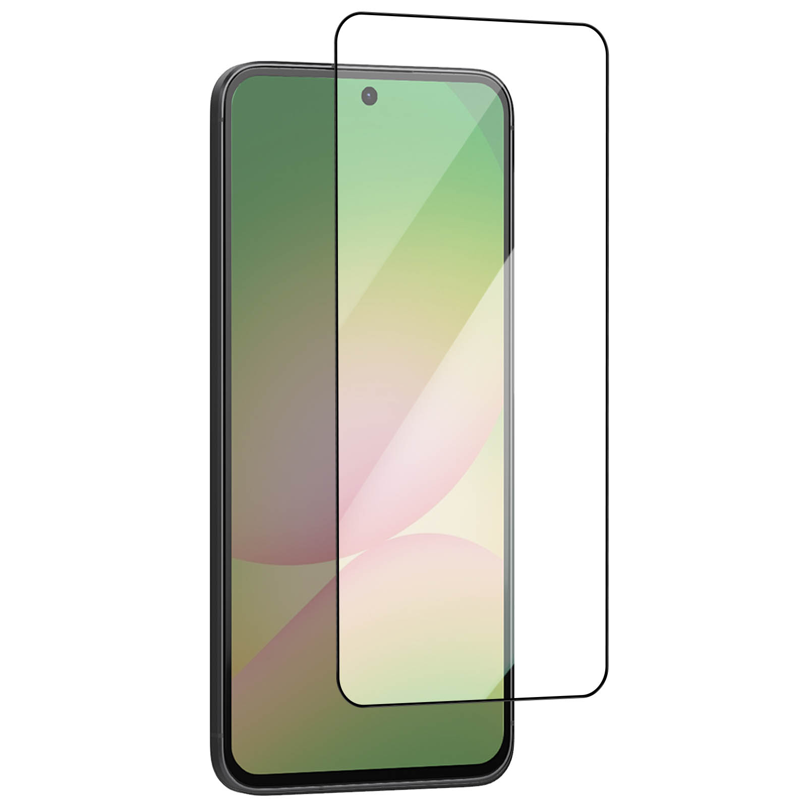 Een smartphone met een schermbeschermer erop. De telefoon is zwart en het scherm toont een kleurovergang.