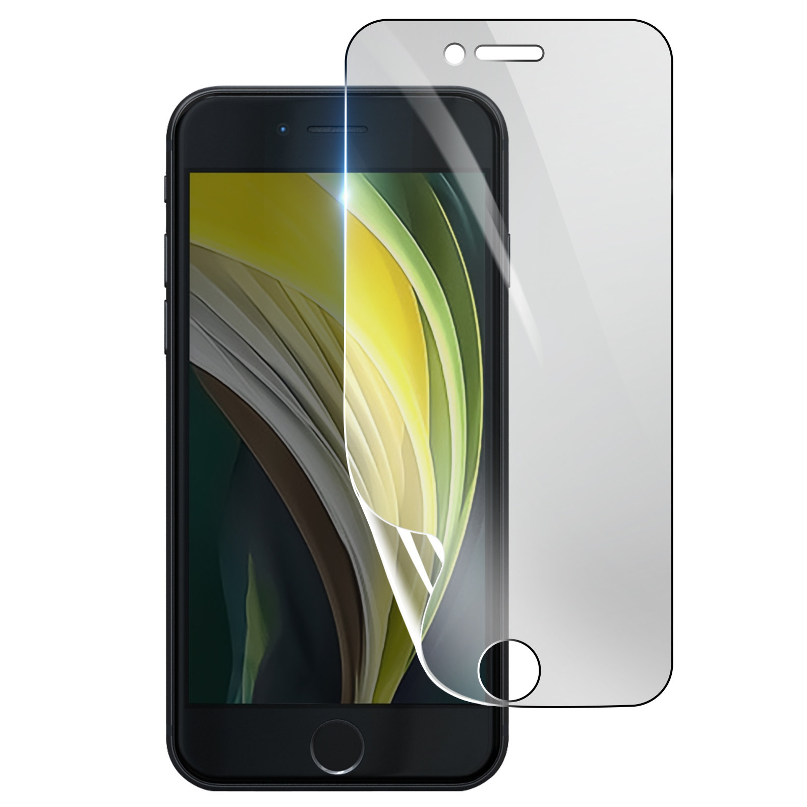 Uno smartphone nero con una protezione per lo schermo applicata. La protezione è trasparente e parzialmente staccata, rivelando lo schermo del telefono.