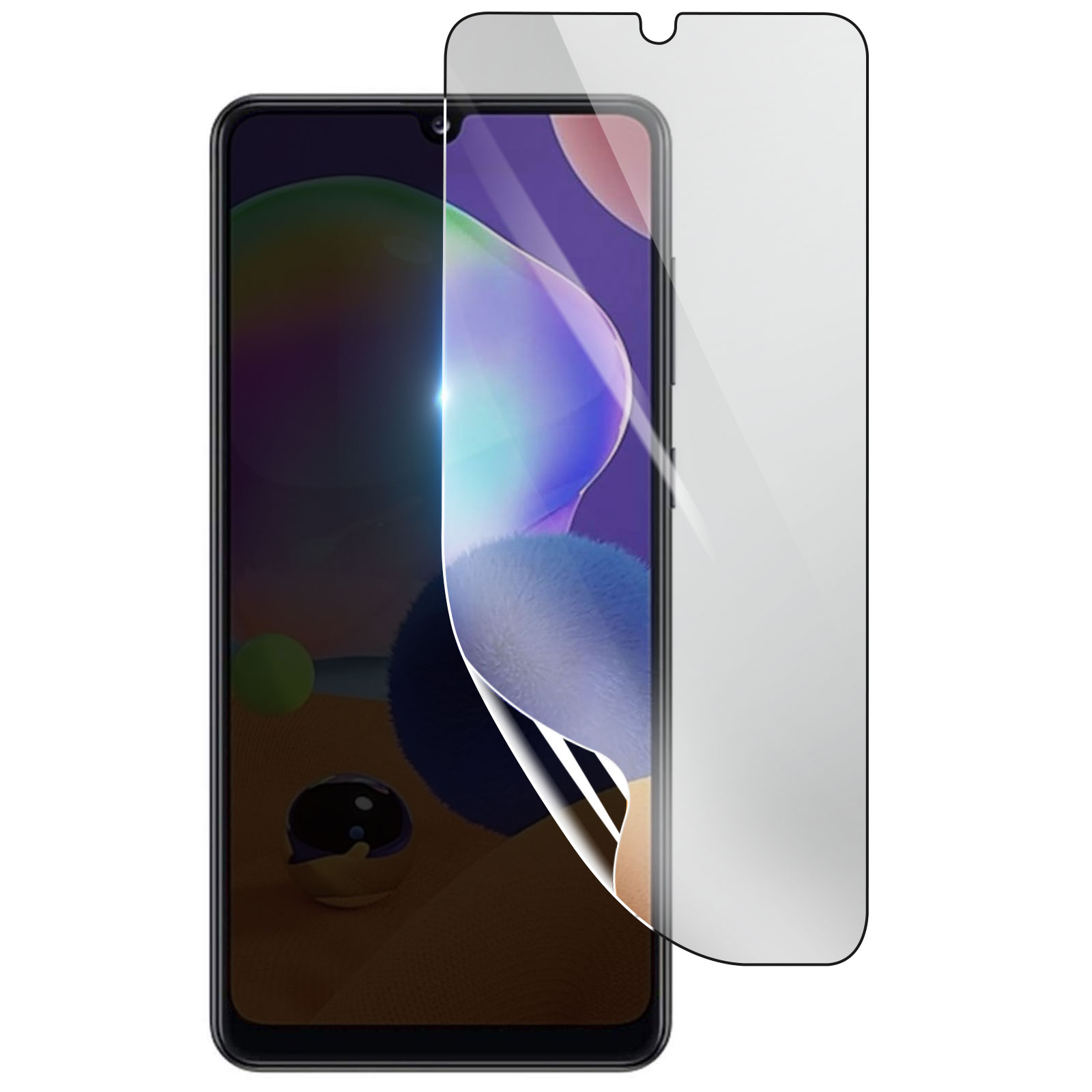 Uno smartphone con una protezione per lo schermo che viene staccata. Il telefono mostra grafiche colorate, con la protezione a destra.
