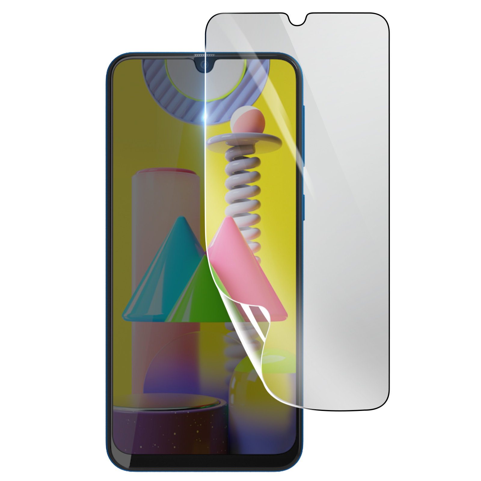 Un telefono con una protezione per lo schermo applicata. Forme geometriche colorate sono visibili sullo schermo. La protezione è parzialmente staccata.