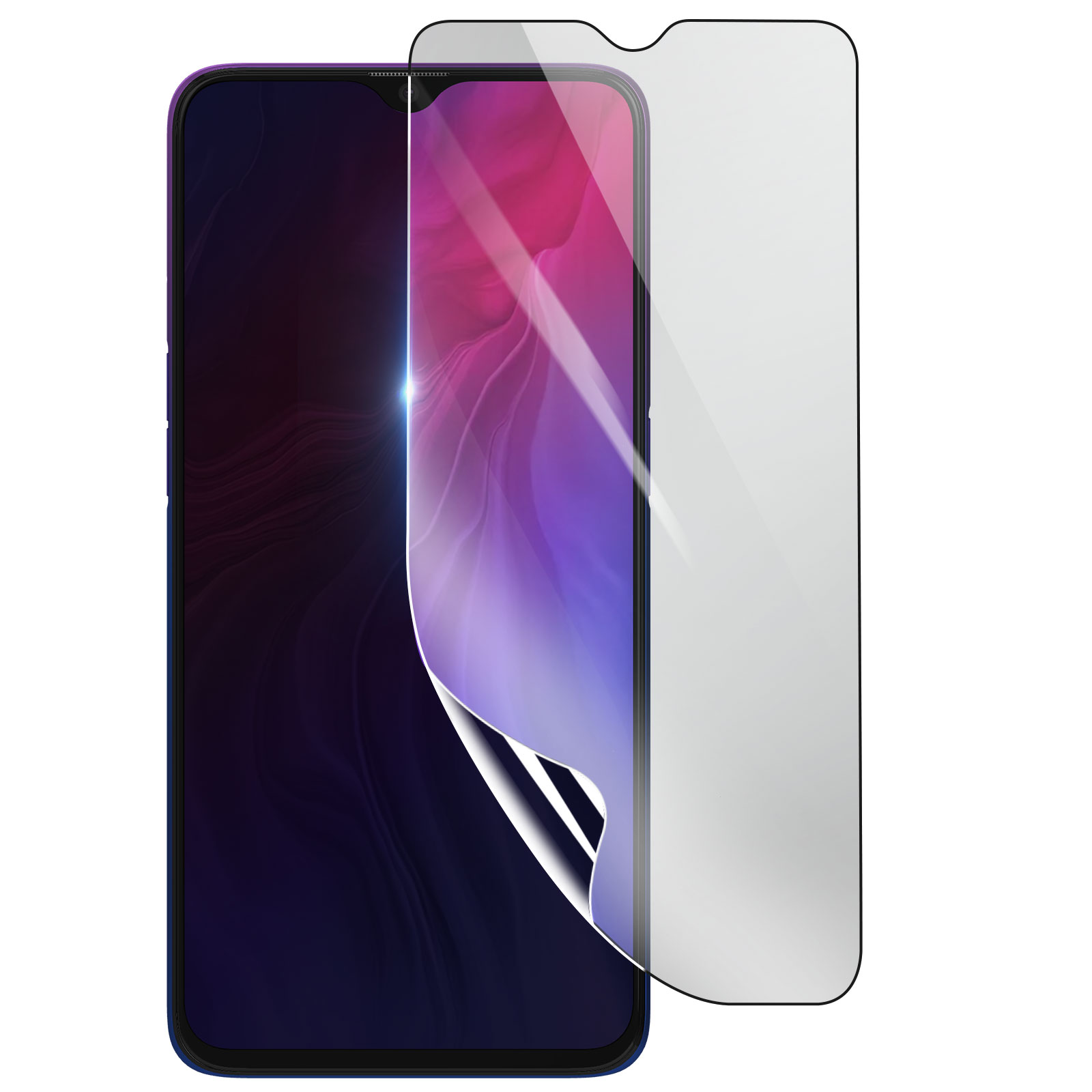 Uno smartphone con una protezione per lo schermo applicata. Il telefono ha uno schermo sfumato viola. È presente una protezione per lo schermo.