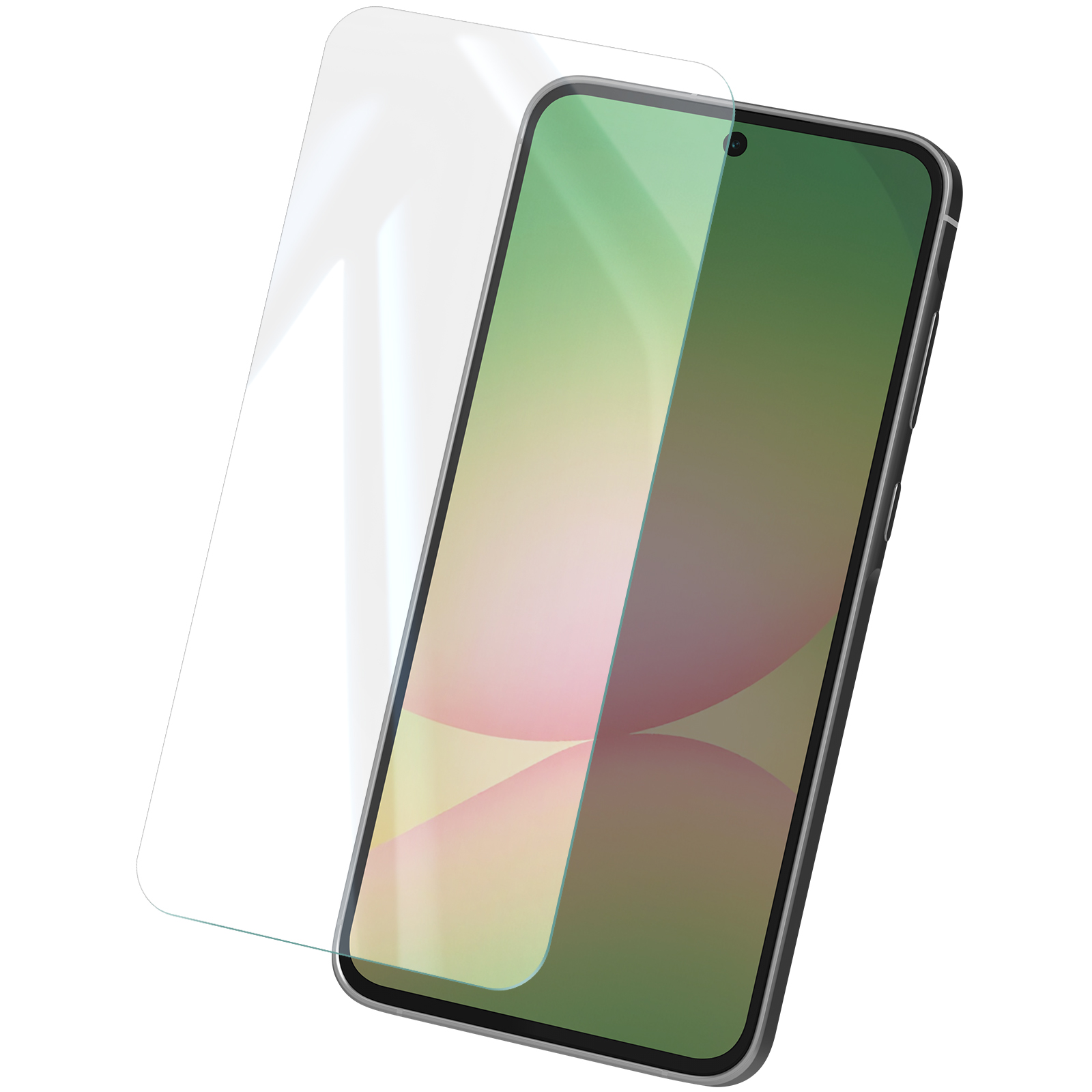Uno smartphone con protezione schermo. Il telefono è nero, lo schermo mostra una sfumatura verde e rosa. La protezione è trasparente.