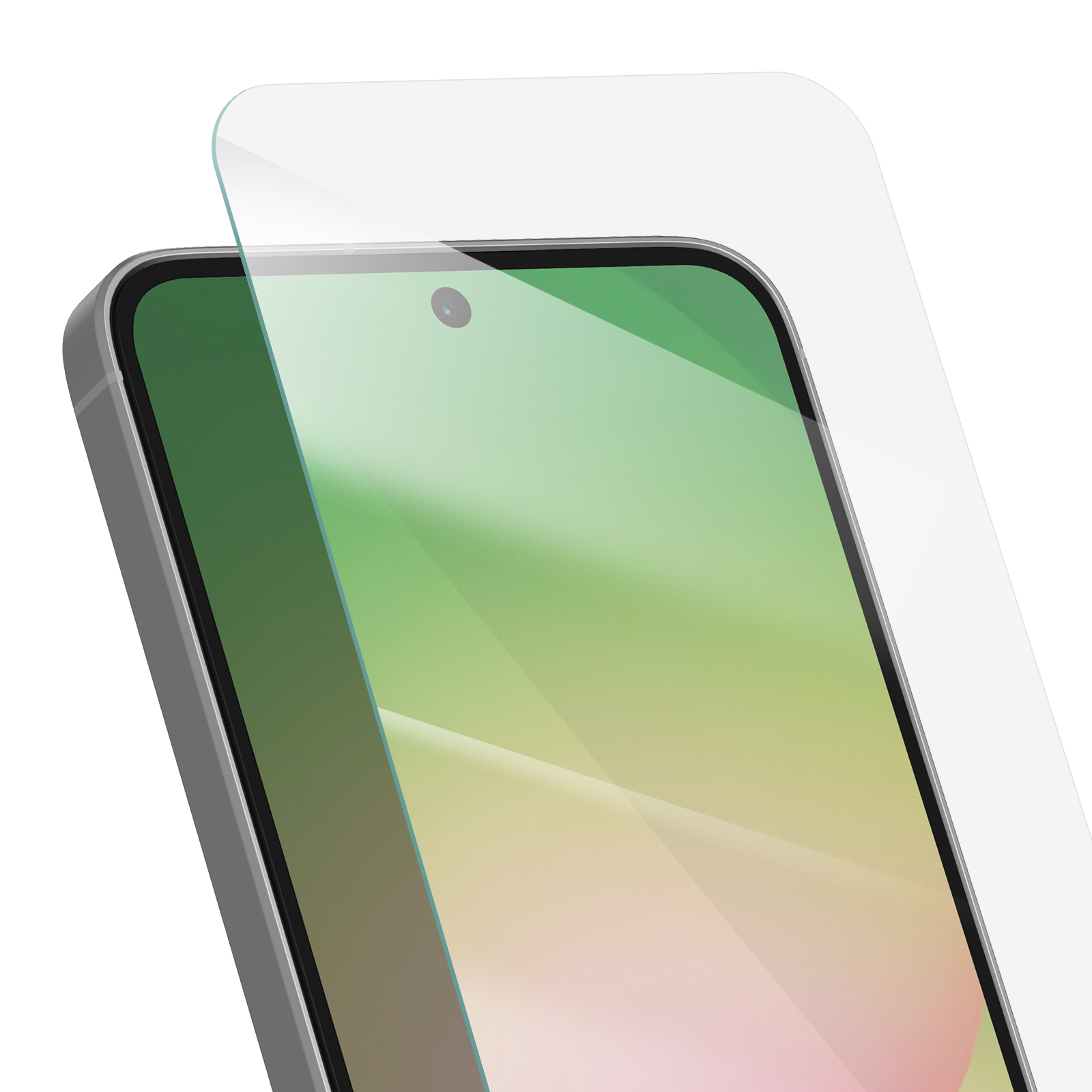 Uno smartphone con una protezione per lo schermo. Il telefono ha uno schermo sfumato verde e rosa. La protezione è trasparente.