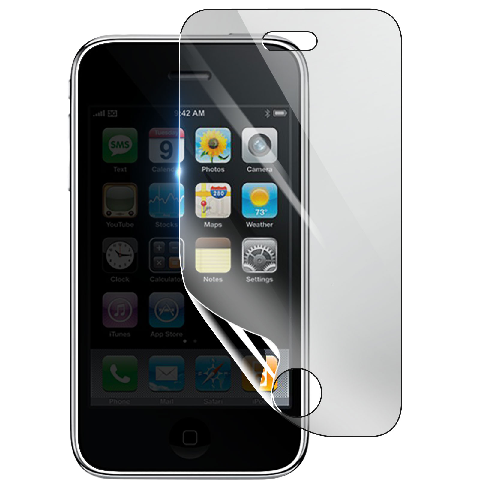 Un iPhone con protezione schermo applicata. Icone come SMS, Calendario, Foto sono visibili. La protezione è parzialmente staccata.