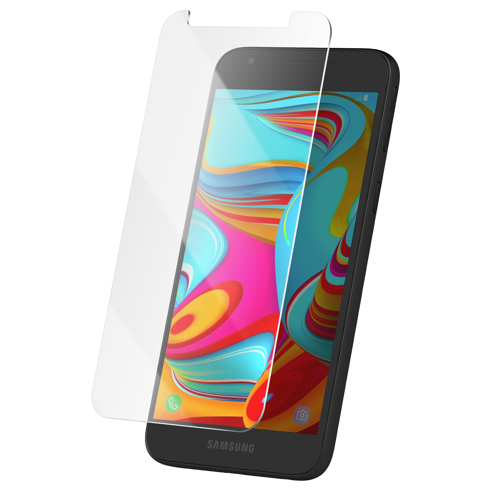 Un telefono Samsung nero con protezione schermo, mostra arte astratta colorata. Una protezione è sullo schermo.