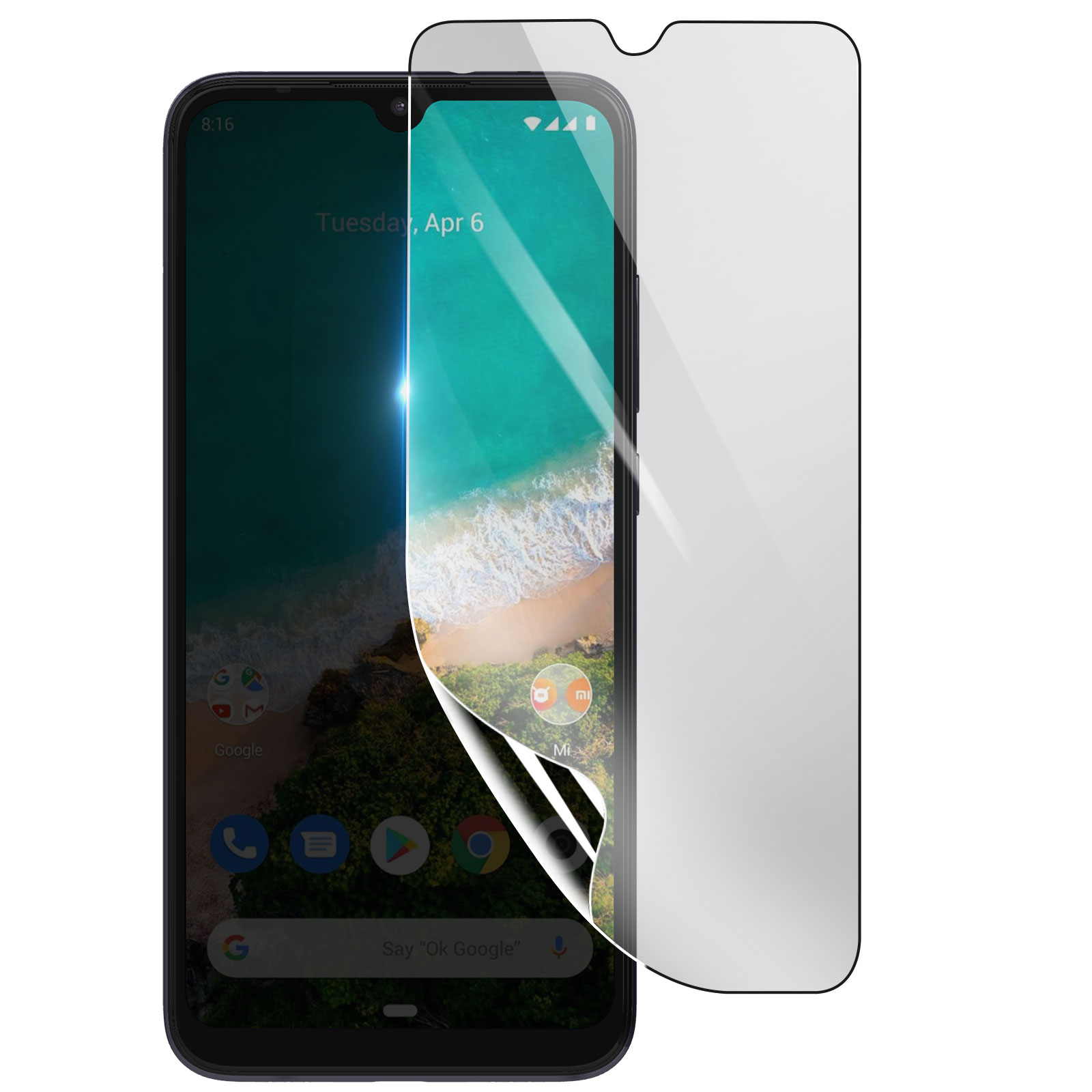 Uno smartphone con una protezione per lo schermo applicata. Lo schermo mostra una scena di spiaggia, ora e data sono visibili. Una parte è staccata.