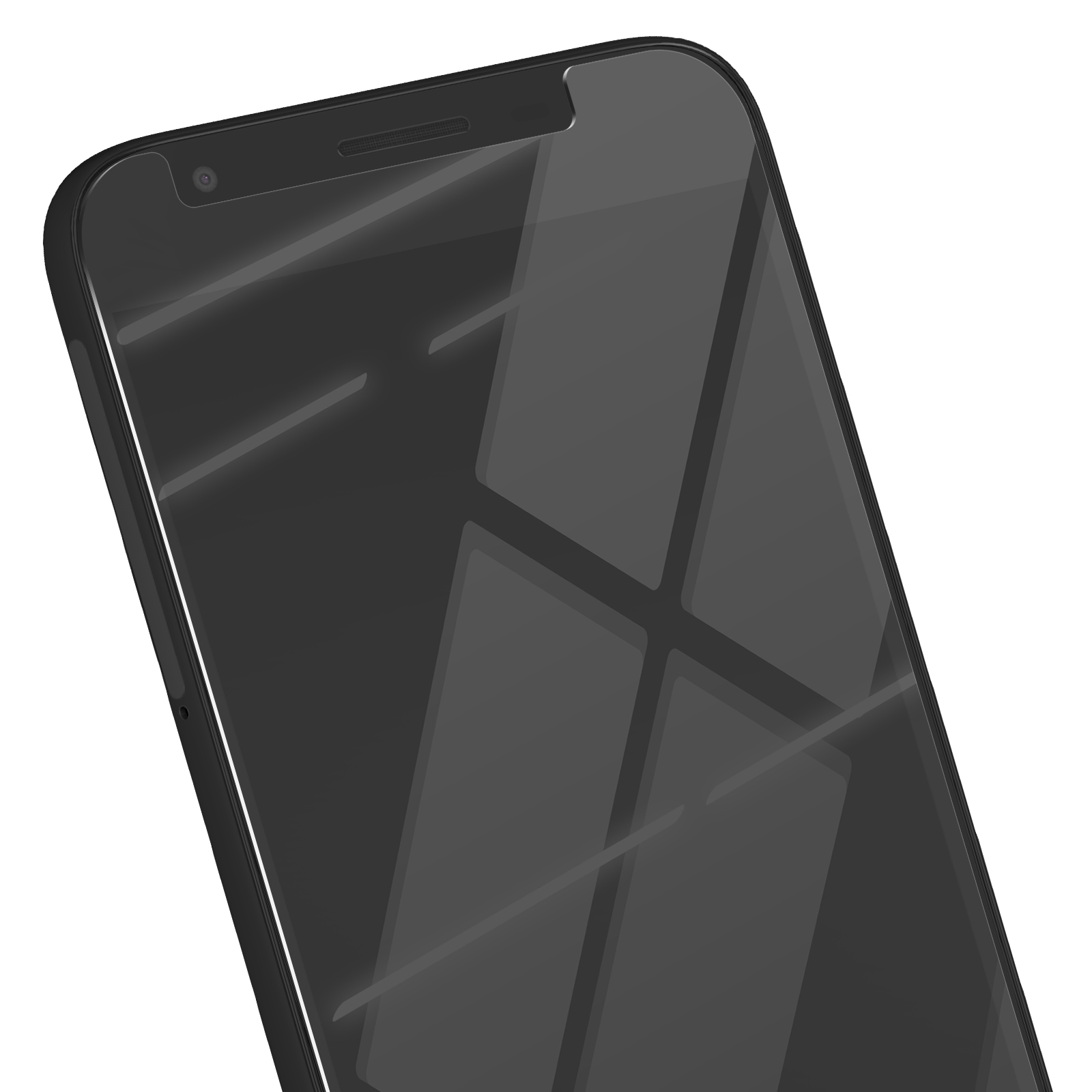 Primo piano di uno smartphone nero con schermo lucido. Lo schermo riflette luce e forme. Il telefono è su sfondo bianco.