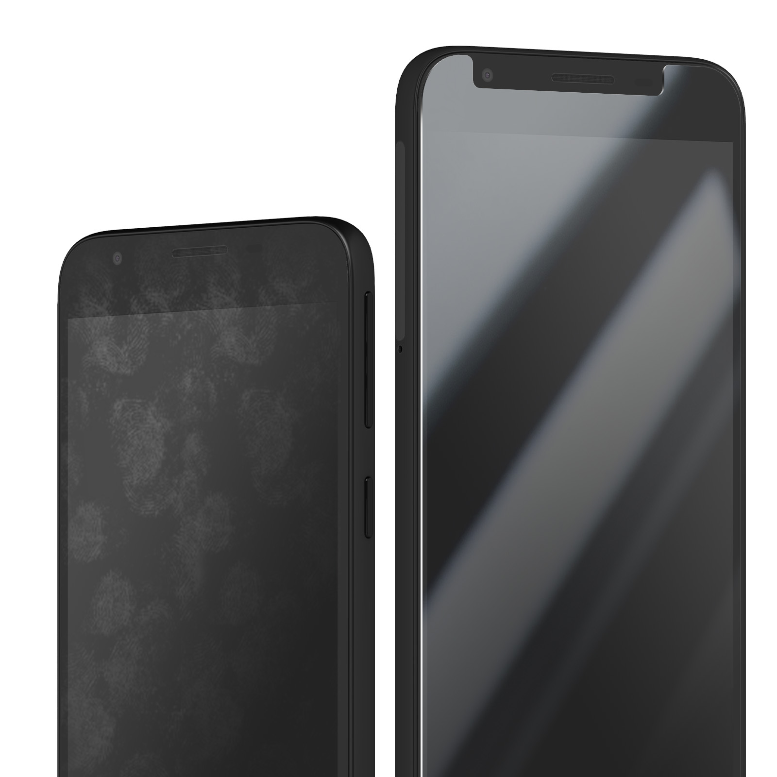 Vengono visualizzati due smartphone neri. Uno schermo mostra impronte digitali, l'altro è pulito.