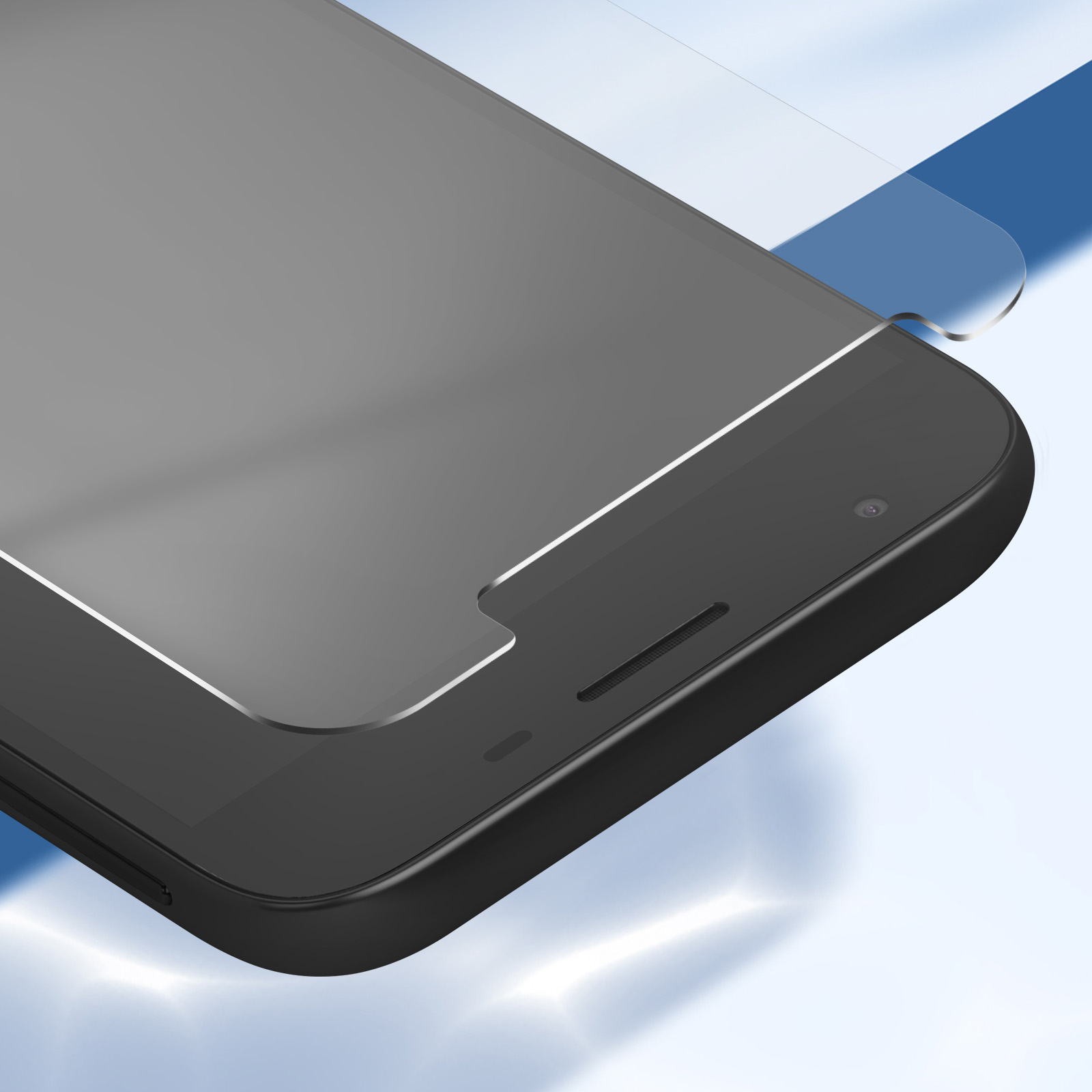 Uno smartphone con protezione schermo applicata. Il telefono è nero con schermo lucido. La protezione è trasparente.