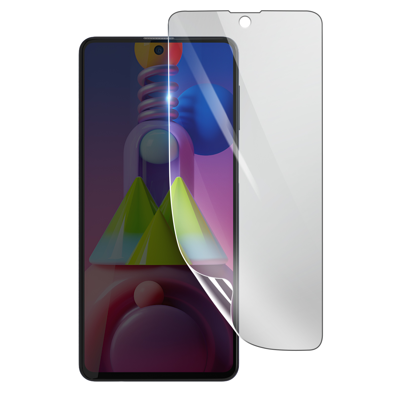 Uno smartphone con una protezione per lo schermo in fase di applicazione. Lo schermo mostra forme e colori astratti.