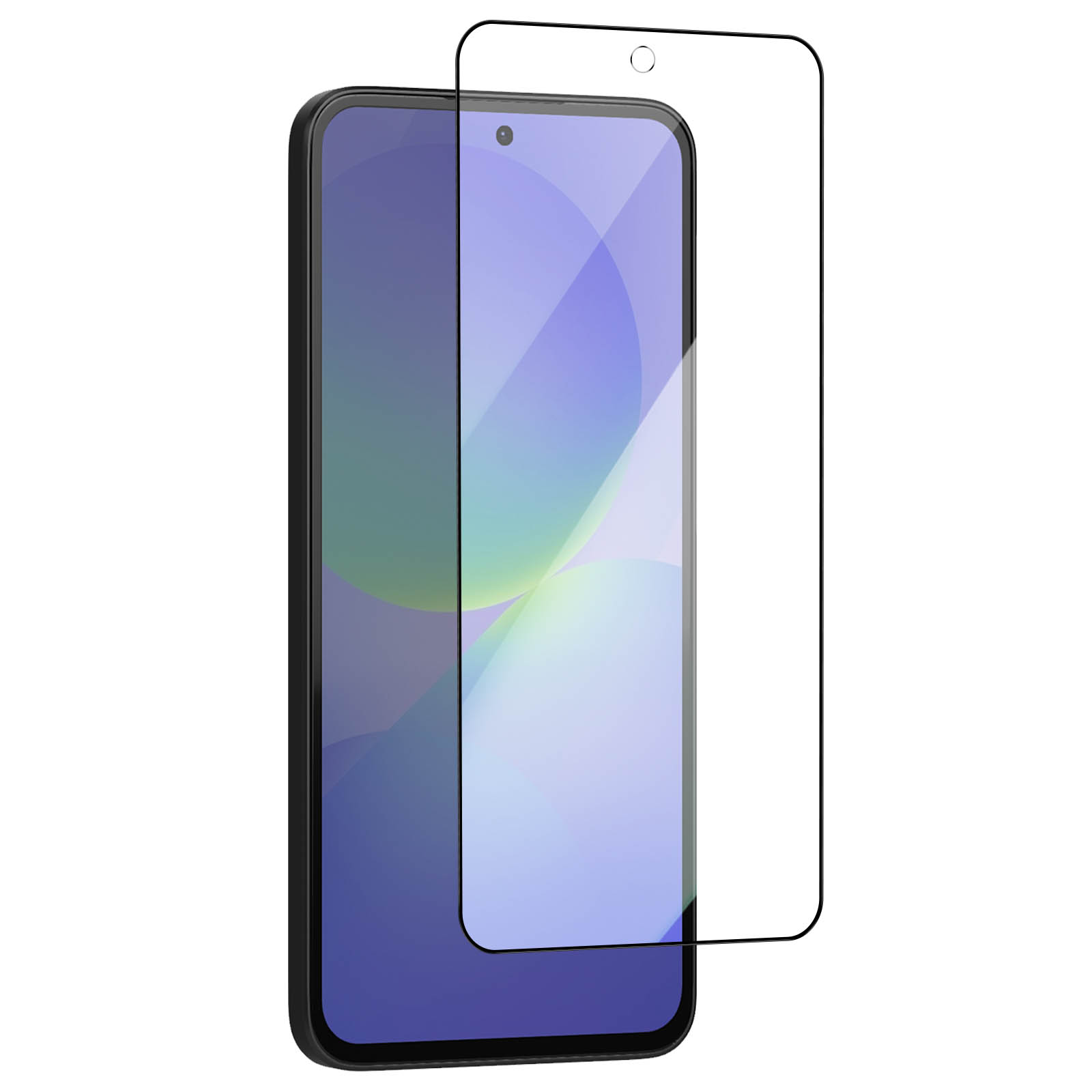 Un smartphone avec un protecteur d'écran. Le téléphone est noir, le protecteur est transparent. Les deux sont sur fond blanc.