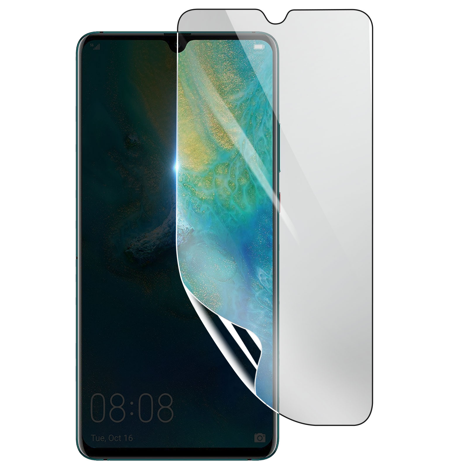 Uno smartphone con protezione schermo. Il telefono mostra ora e data. La protezione si sta staccando.
