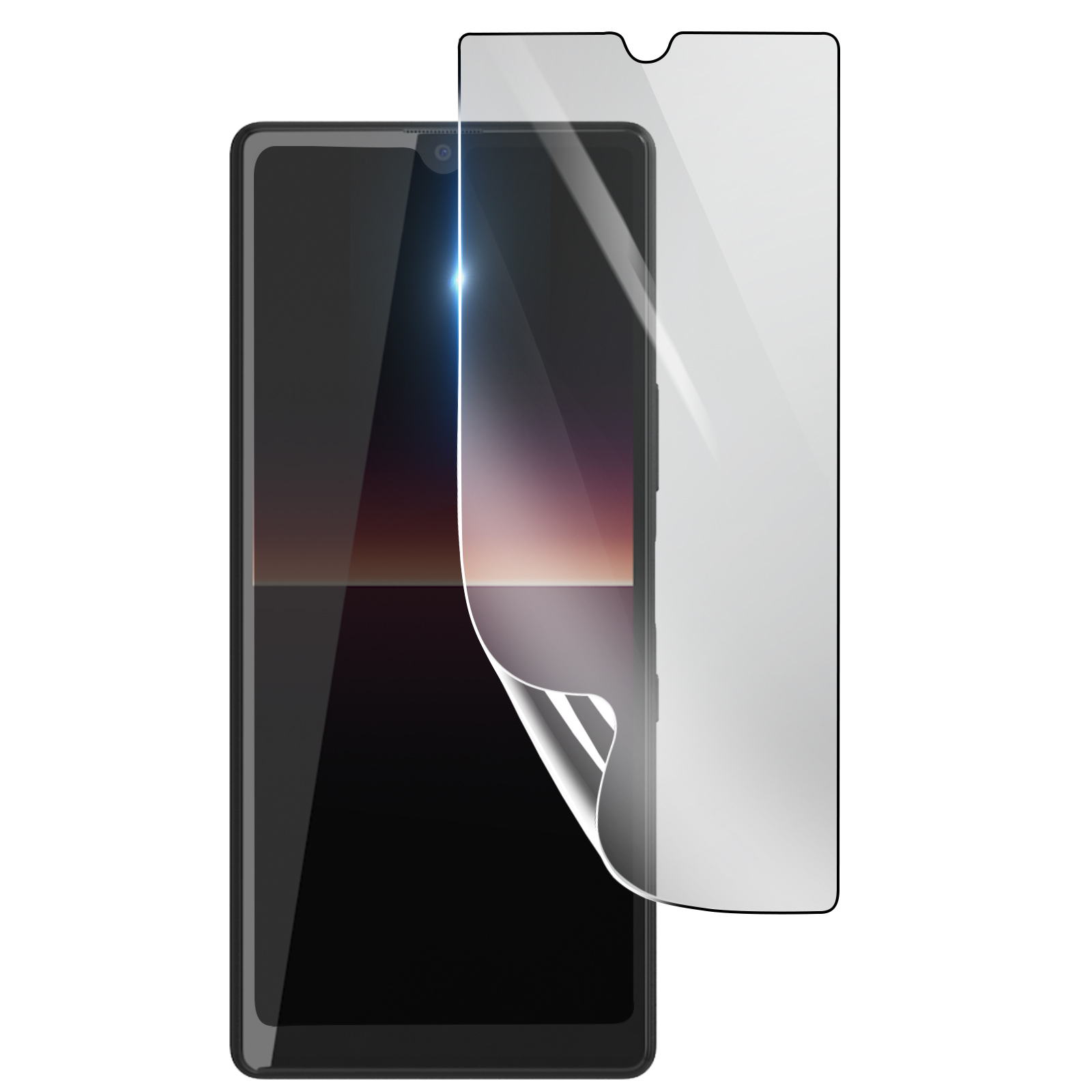 Uno smartphone con una protezione per lo schermo applicata. La protezione è parzialmente staccata, rivelando lo schermo.