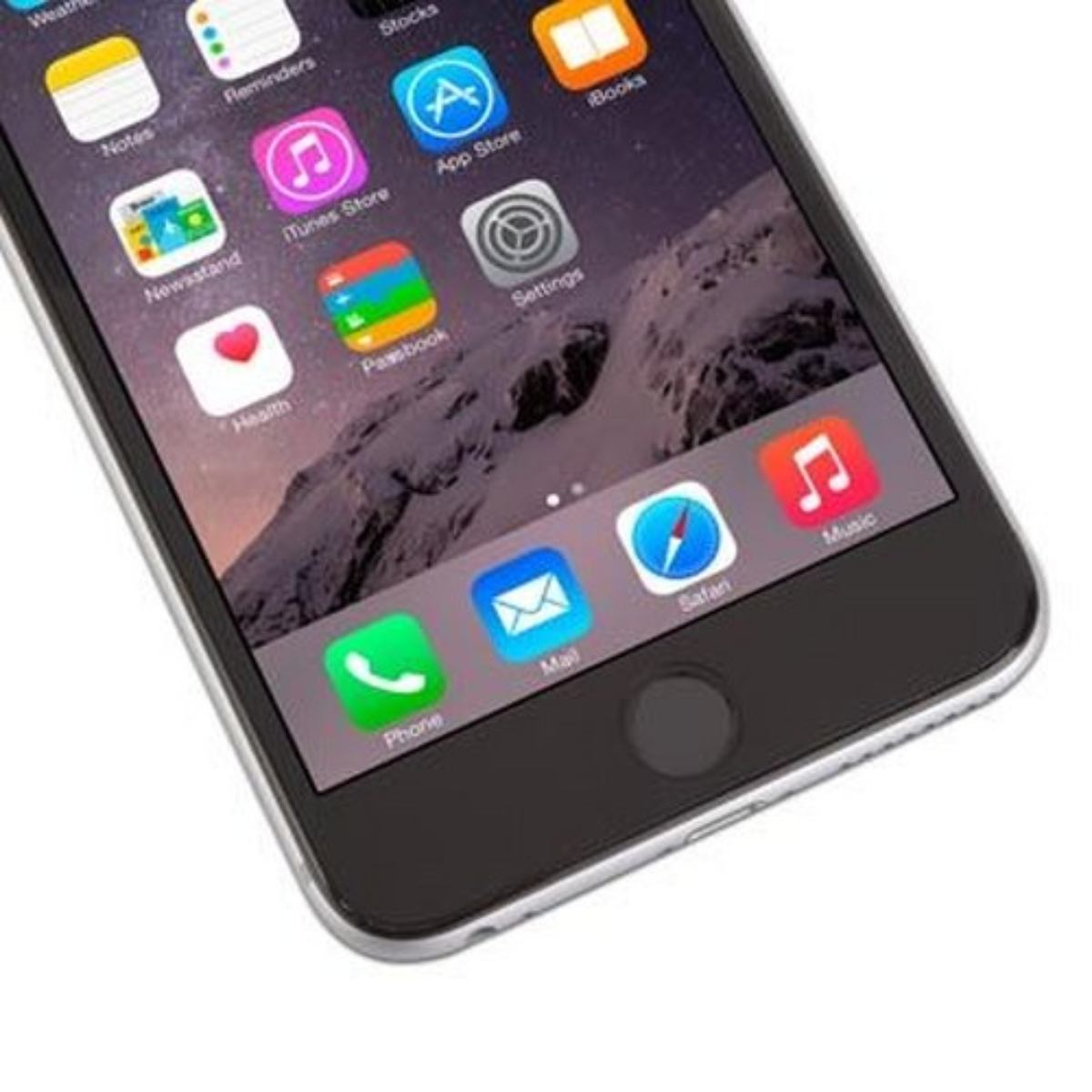 Close-up van een smartphonescherm met app-iconen. De homeknop is zichtbaar. Apps zoals Telefoon, Mail, Safari en Muziek staan onderaan.