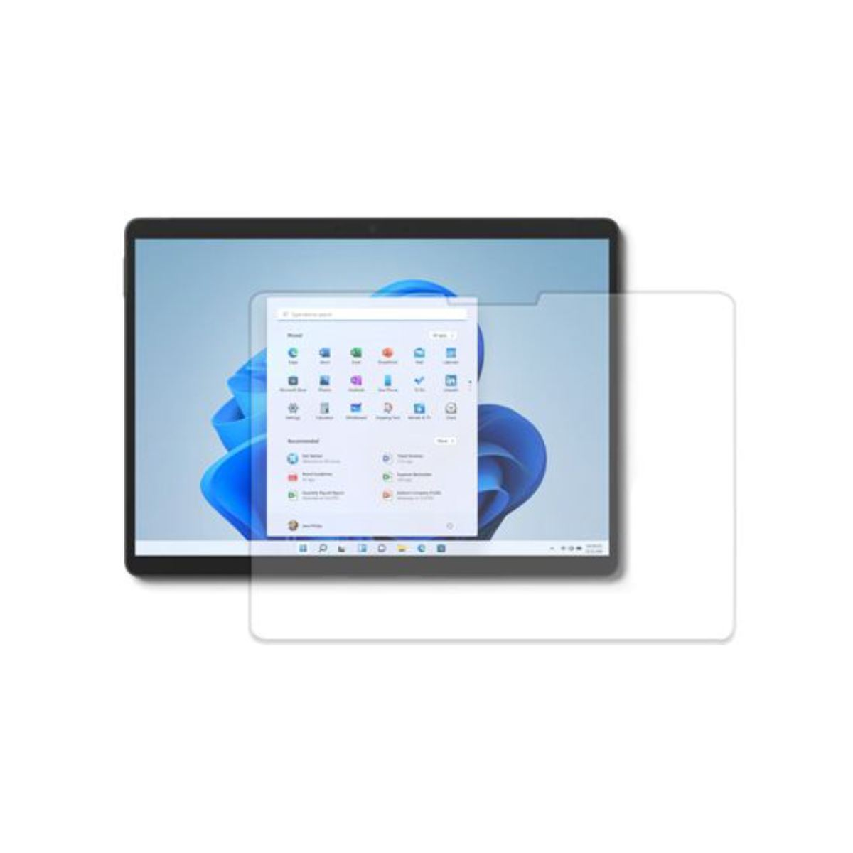 Un tablet con Windows 11 visualizzato, è presente una protezione per lo schermo. Lo schermo mostra le icone delle app. Sfondo bianco.