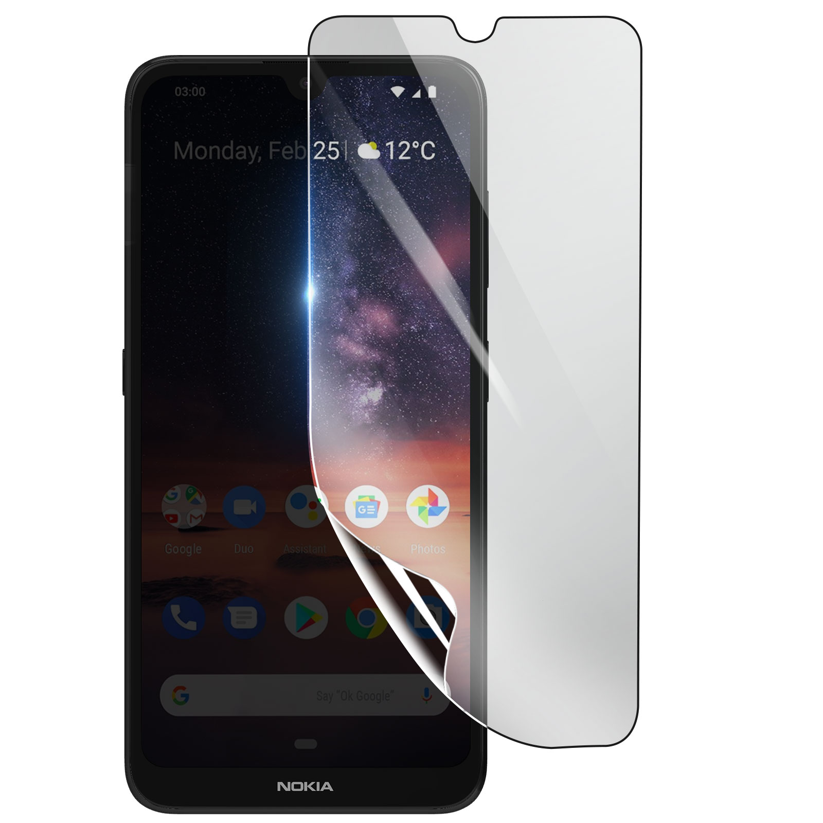 Un telefono Nokia nero con protezione schermo. Lo schermo mostra icone e data. La protezione si sta staccando.