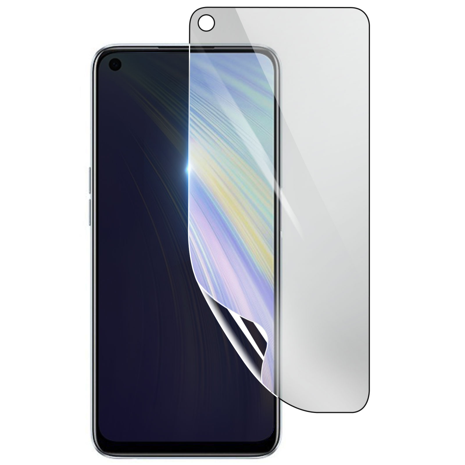 Uno smartphone con una protezione per lo schermo in fase di applicazione. Il telefono è nero, la protezione trasparente, lo sfondo bianco.