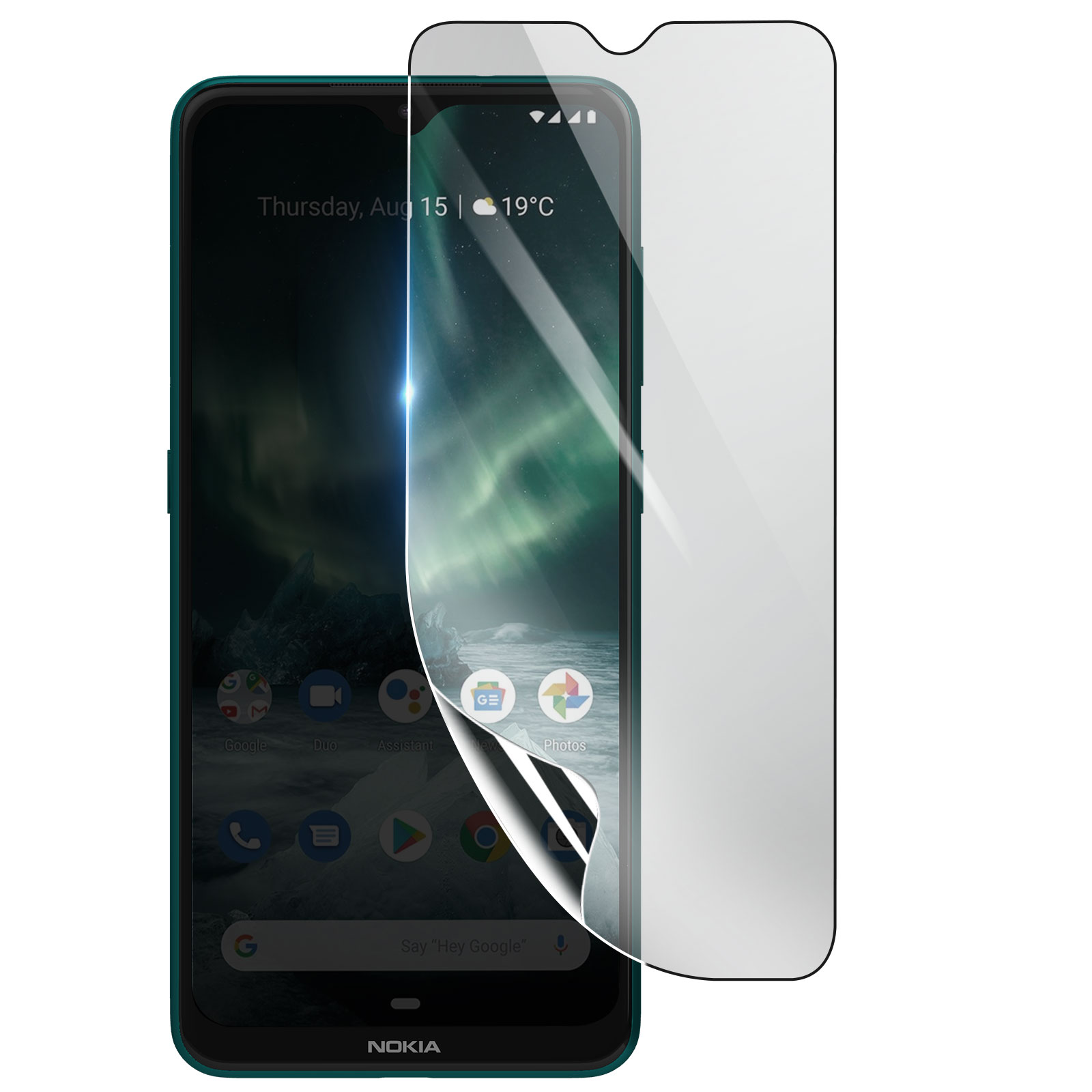 Un telefono Nokia con protezione schermo. Lo schermo mostra app, data e temperatura. Un angolo della protezione è staccato.