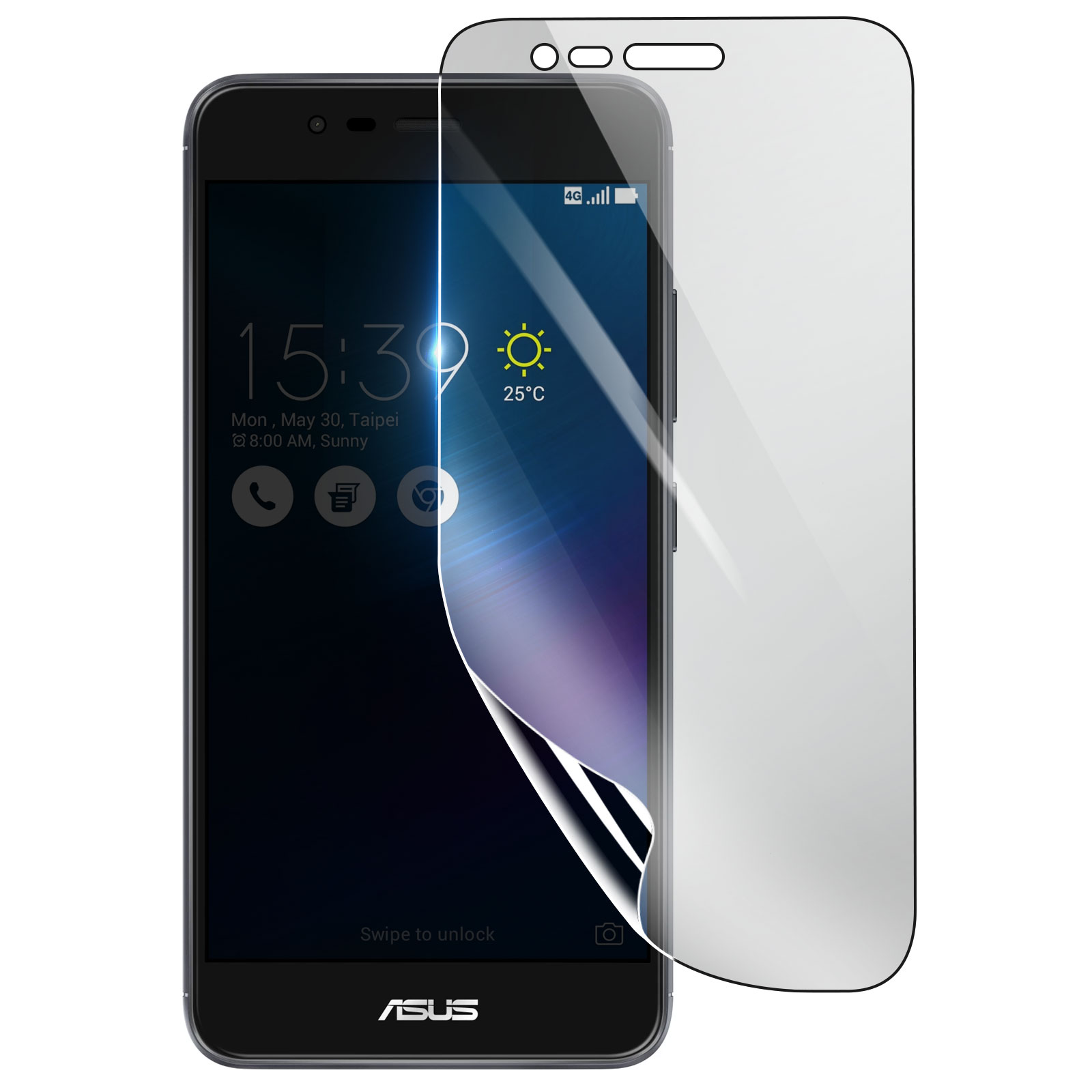 Un smartphone con protector de pantalla. La pantalla muestra la hora, la fecha y el clima. El logo de ASUS está en la parte inferior.