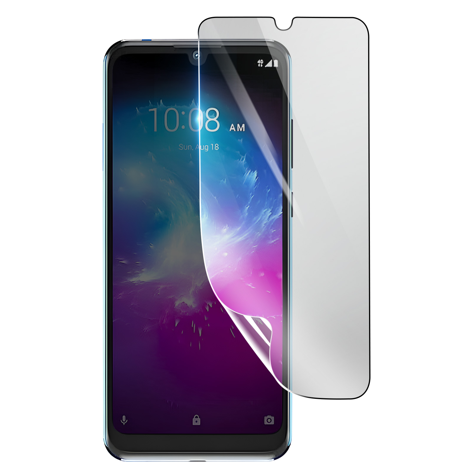 Uno smartphone con una protezione per lo schermo in fase di applicazione. Il telefono mostra l'ora e la data. La protezione è parzialmente staccata.