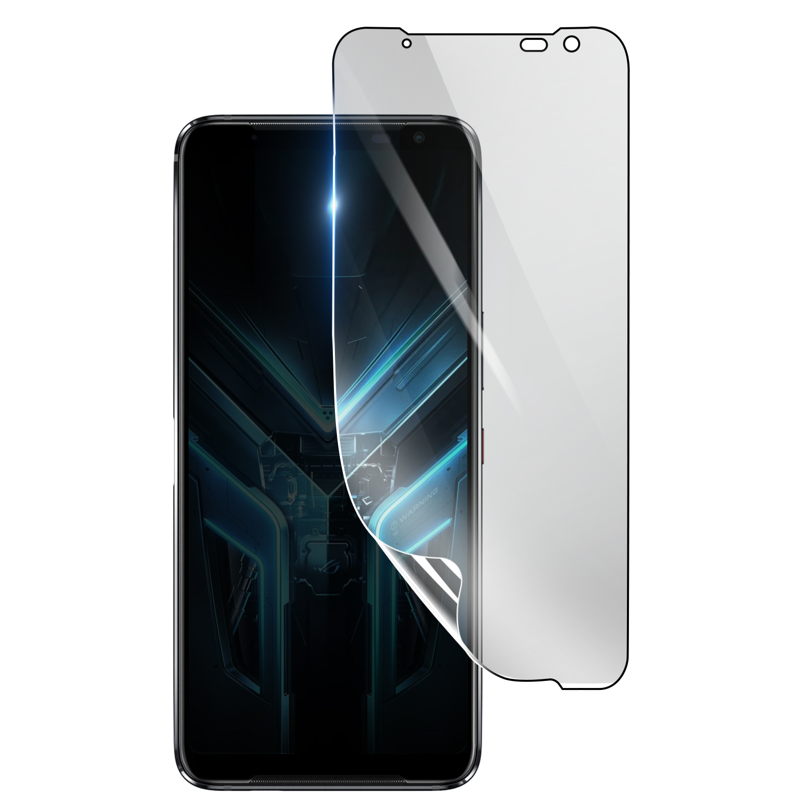Uno smartphone con una protezione schermo in applicazione. Il telefono è nero con un design futuristico.