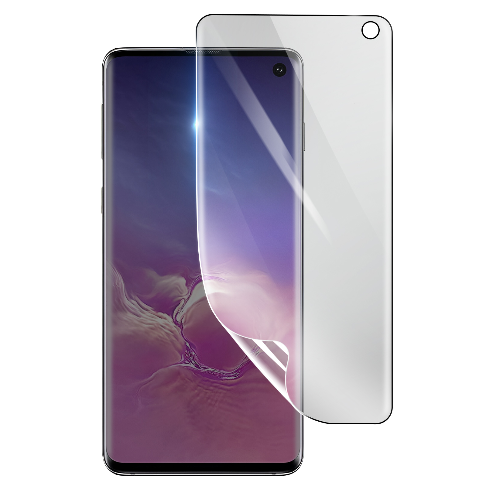Uno smartphone con una protezione per lo schermo applicata. Lo schermo mostra una sfumatura viola. Una seconda protezione è a destra.