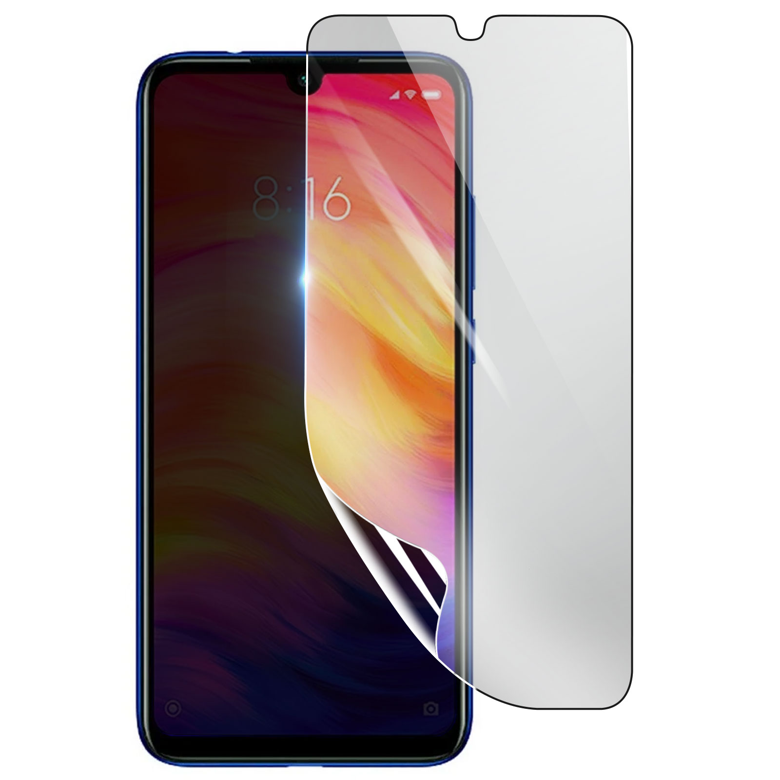 Uno smartphone con una protezione per lo schermo. Il telefono mostra l'ora. La protezione è parzialmente staccata.