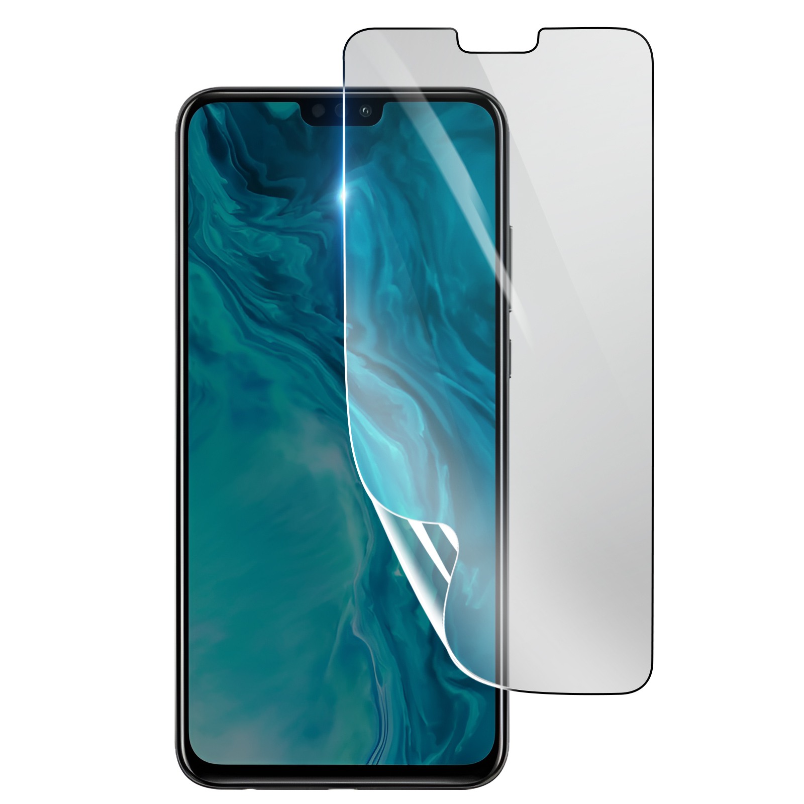 Uno smartphone con una protezione per lo schermo applicata. Il telefono ha uno sfondo blu e verde acqua con la protezione sovrapposta.
