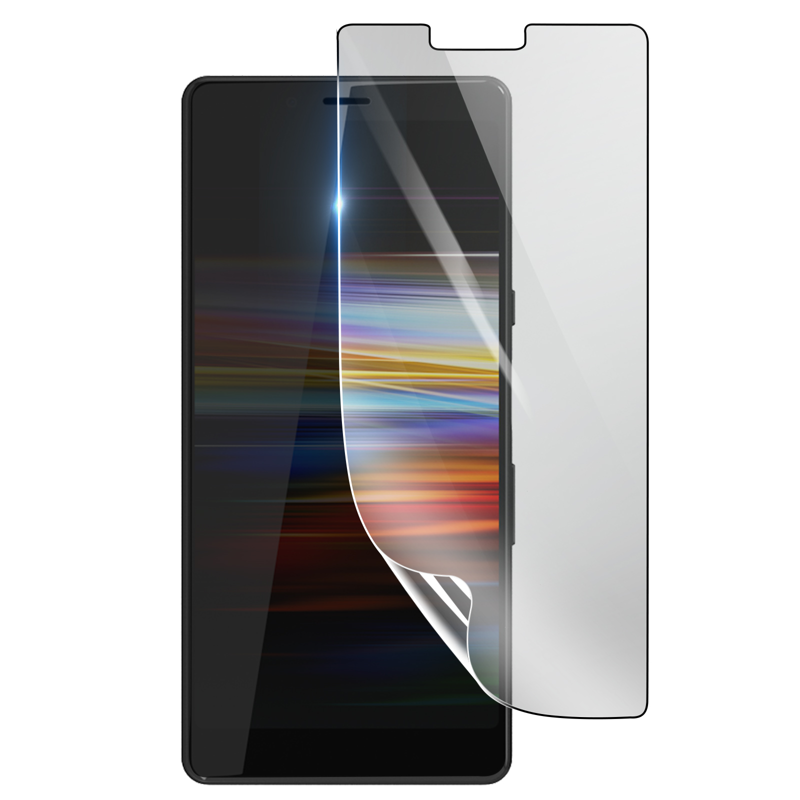 Uno smartphone nero con una protezione per lo schermo applicata. La protezione è trasparente, lo schermo del telefono mostra un'immagine astratta colorata.