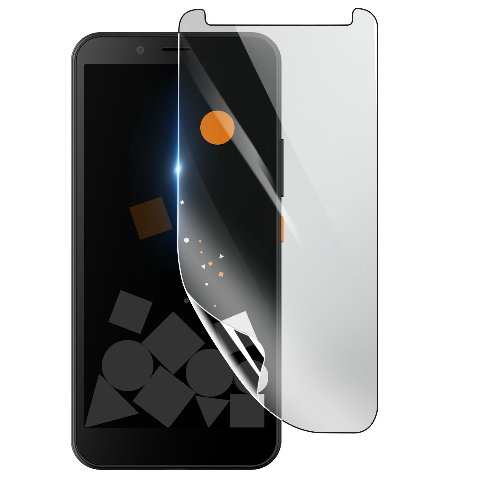 Smartphone nero con protezione schermo applicata. Forme geometriche sullo schermo. Un cerchio arancione sulla protezione.