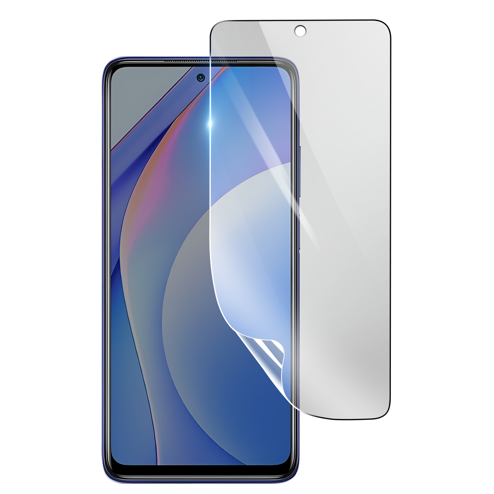 Smartphone con protezione schermo. Lo schermo del telefono mostra un design astratto blu e viola. La protezione è parzialmente staccata.