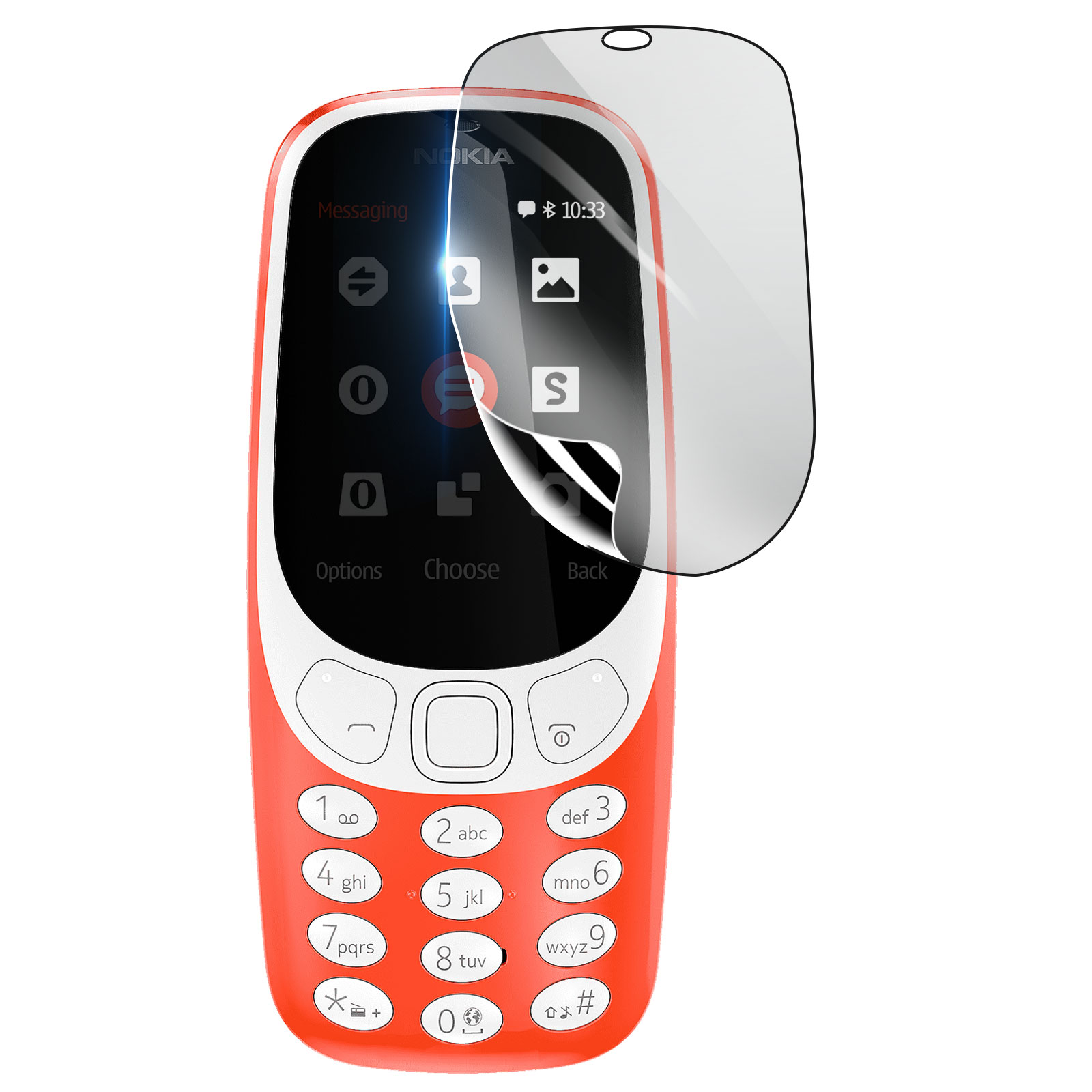 Un telefono Nokia arancione con una protezione per lo schermo. Lo schermo mostra icone e ora. Il telefono ha una tastiera.