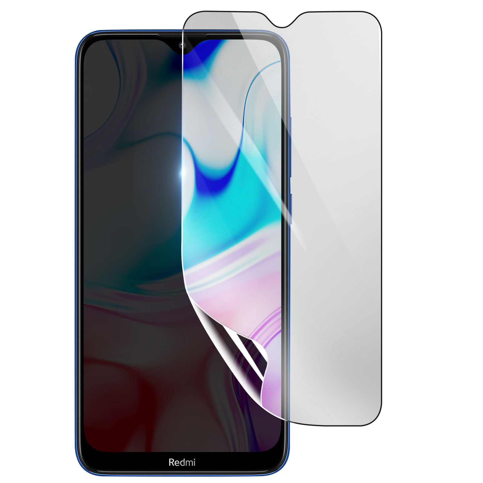 Uno smartphone blu con una protezione per lo schermo applicata. Il telefono mostra un design astratto colorato.