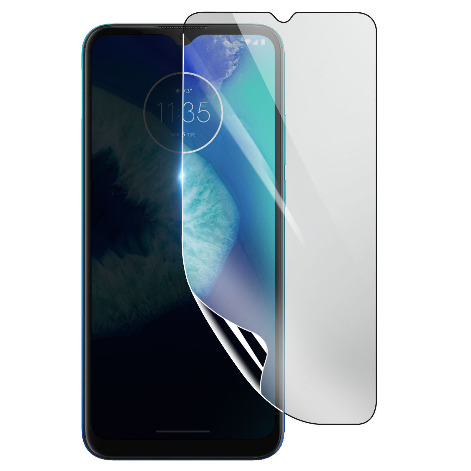 Uno smartphone con una protezione per lo schermo applicata. Il telefono mostra l'ora. La protezione è parzialmente staccata.