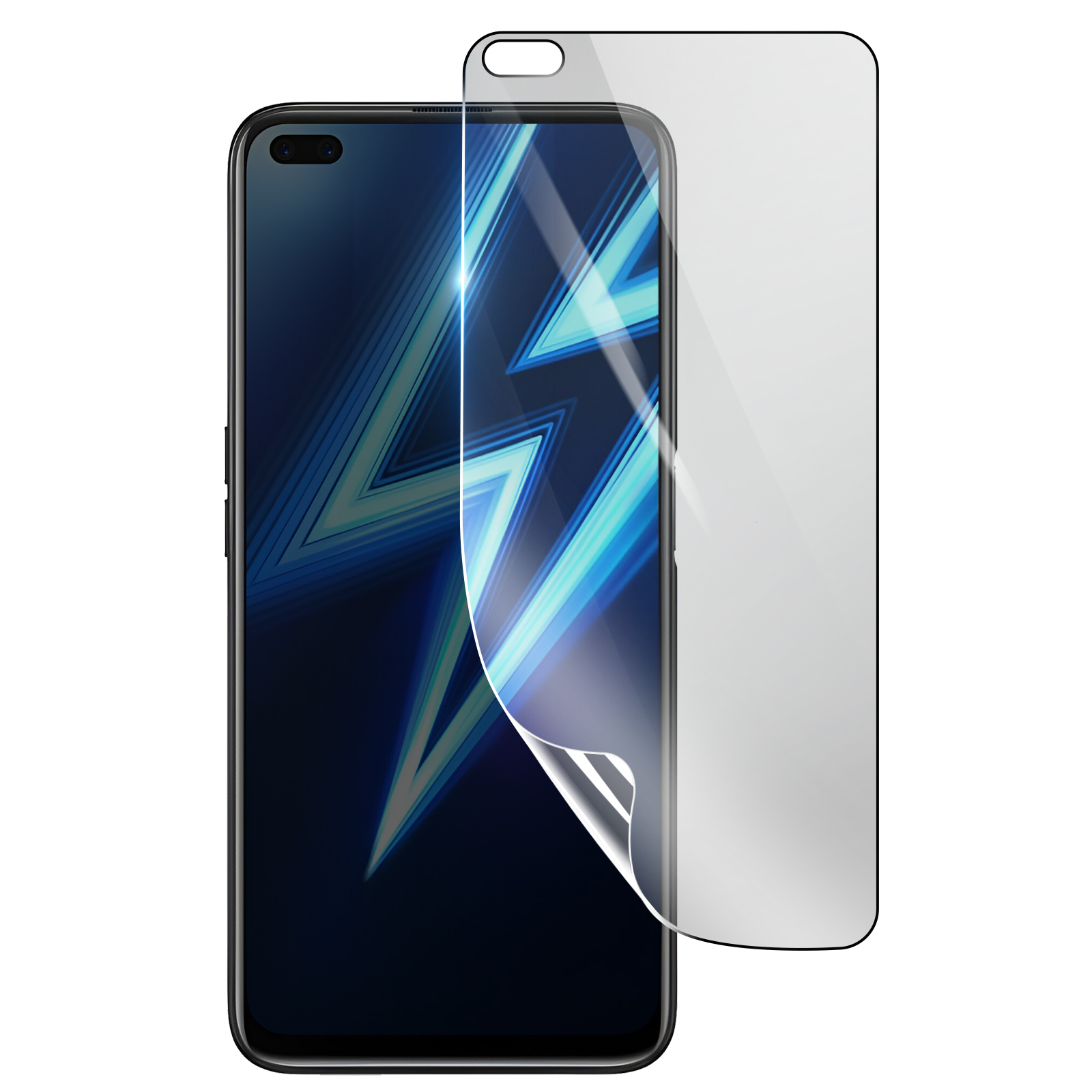 Uno smartphone a cui si sta applicando una protezione per lo schermo. Il telefono ha un design blu e verde acqua sullo schermo.