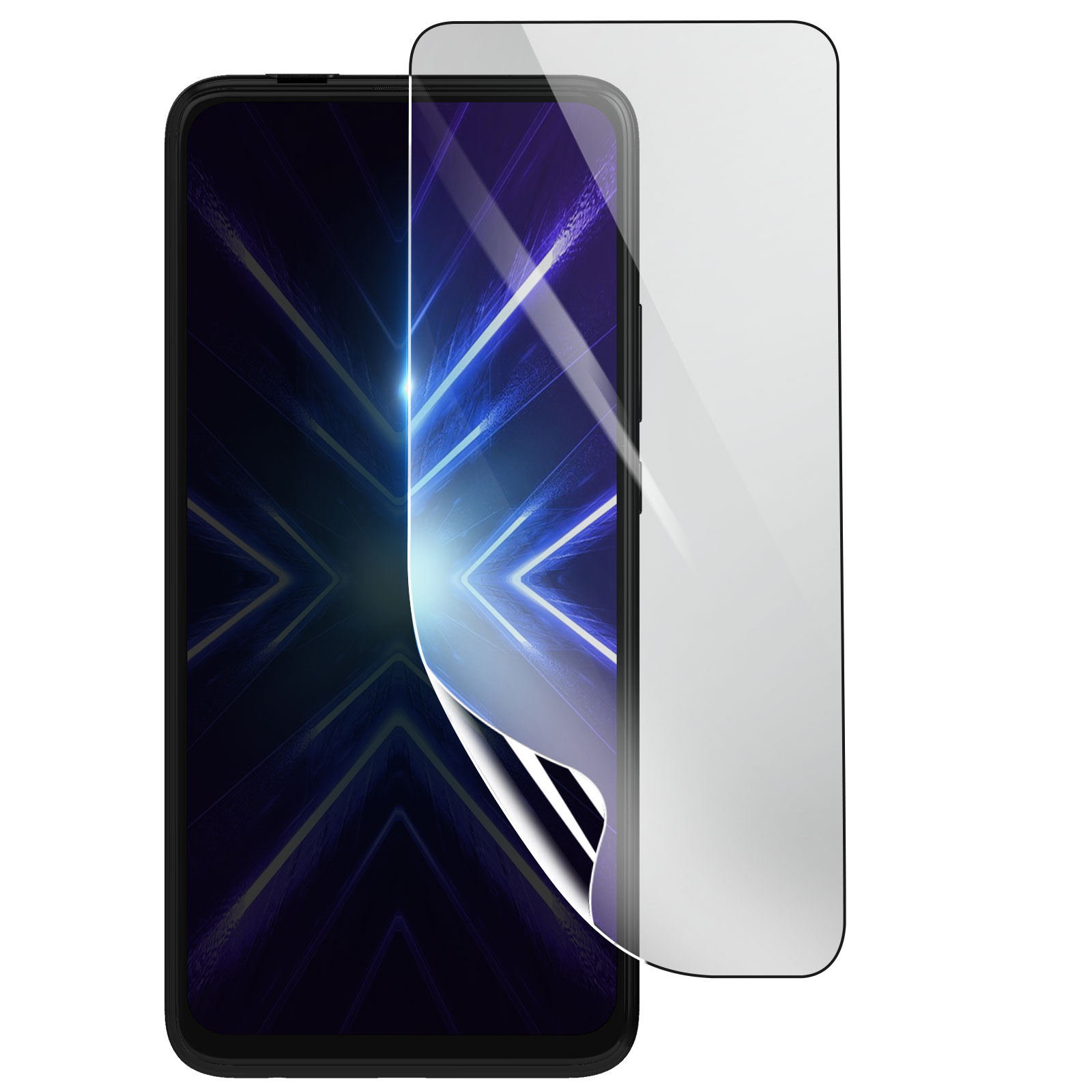 Uno smartphone con una protezione per lo schermo in fase di applicazione. Il telefono ha uno schermo scuro con linee blu e bianche.