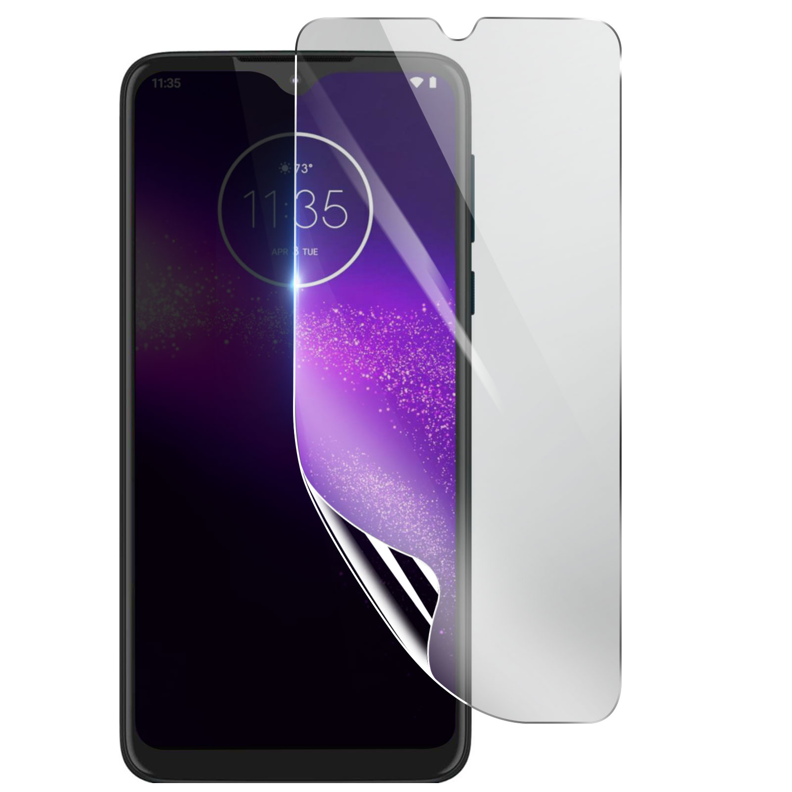 Uno smartphone con una protezione per lo schermo applicata. Il telefono mostra l'ora e la data. La protezione è parzialmente staccata.
