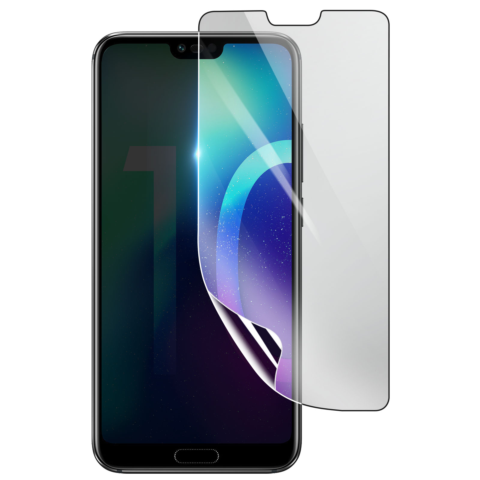 Uno smartphone con una protezione schermo che si stacca. Il telefono è nero, con sfondo colorato sullo schermo.