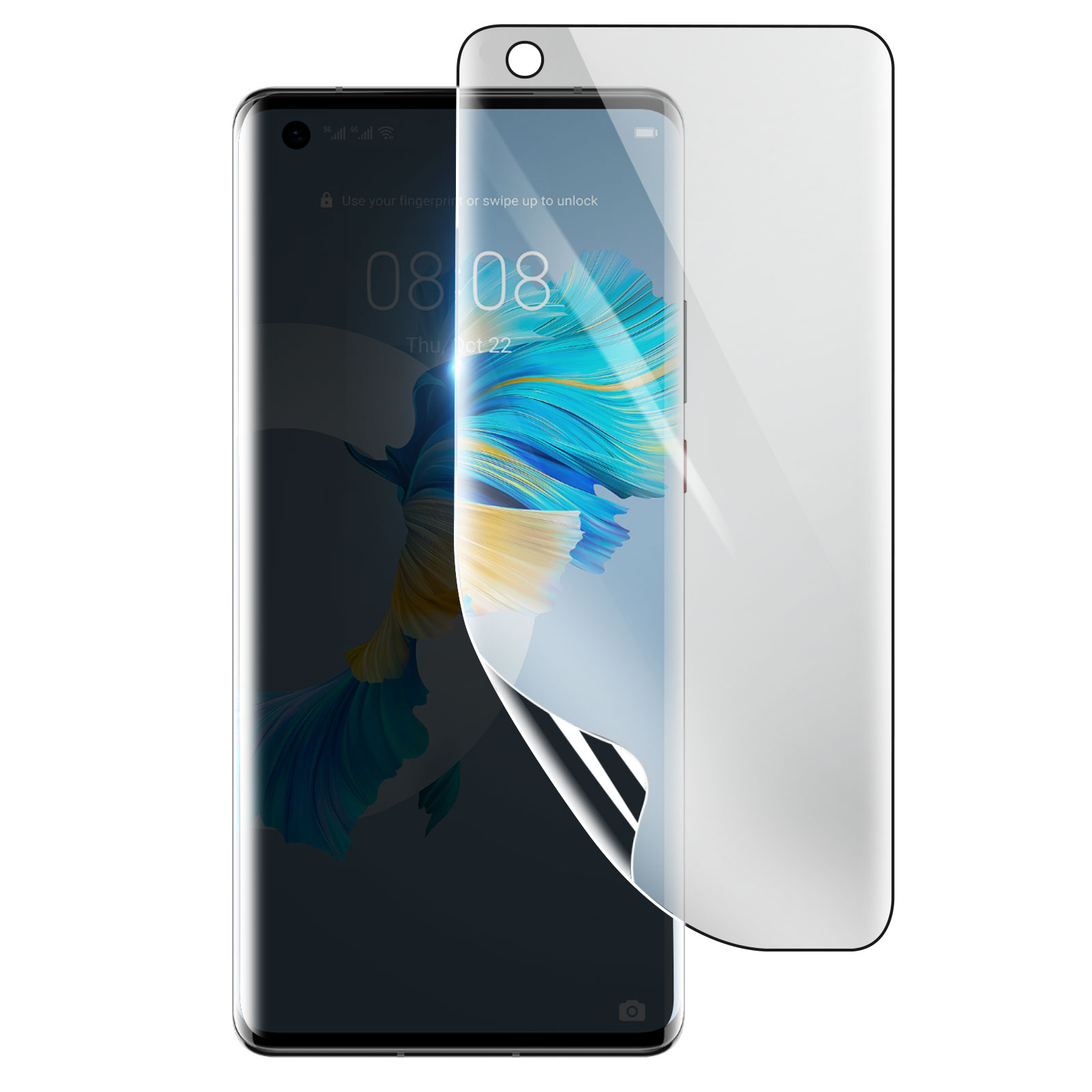 Smartphone con protezione schermo. Il display mostra ora, data e icone di segnale. Protezione parzialmente staccata.