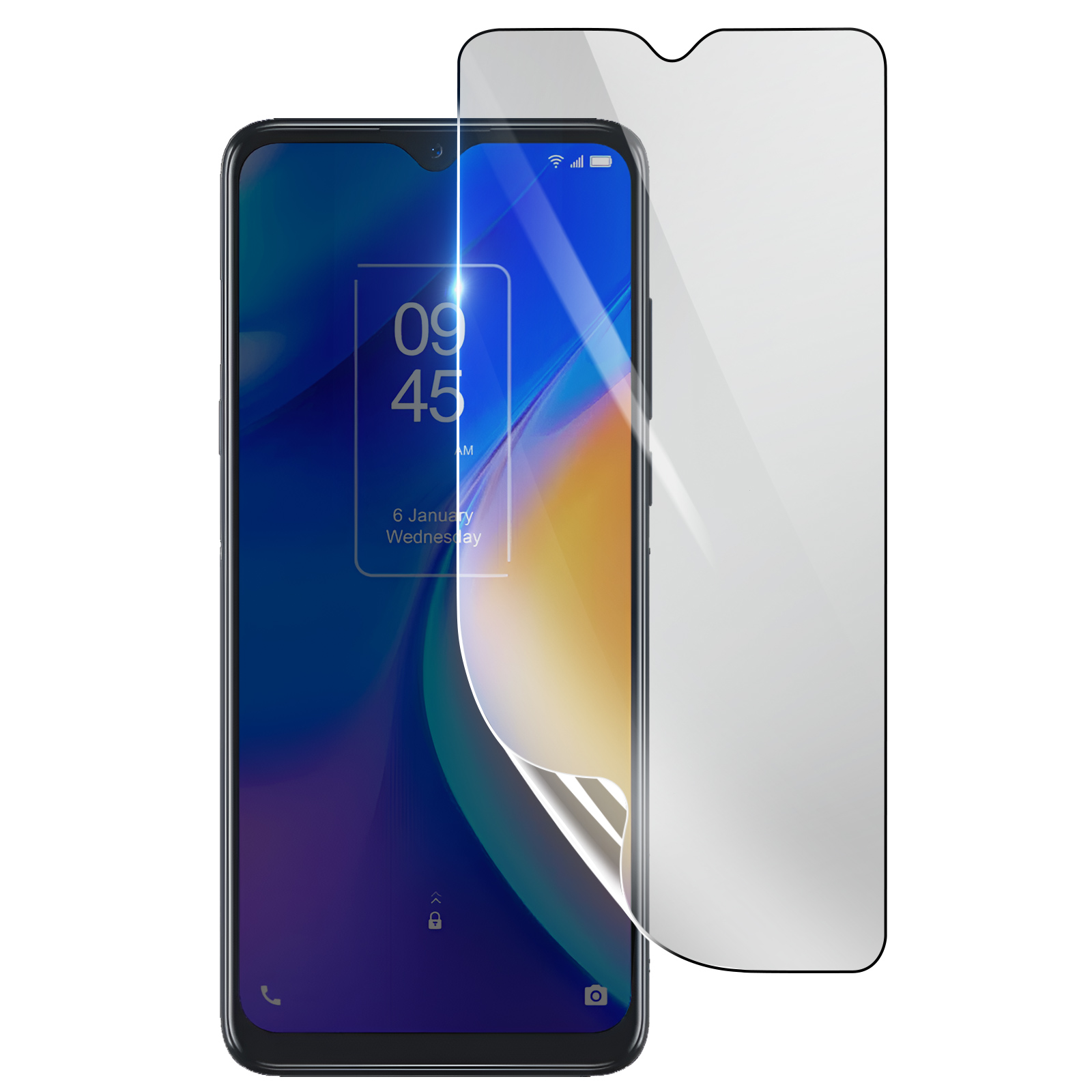 Uno smartphone con una protezione per lo schermo in applicazione. Lo schermo mostra l'ora e la data. Un angolo staccato della protezione è visibile.