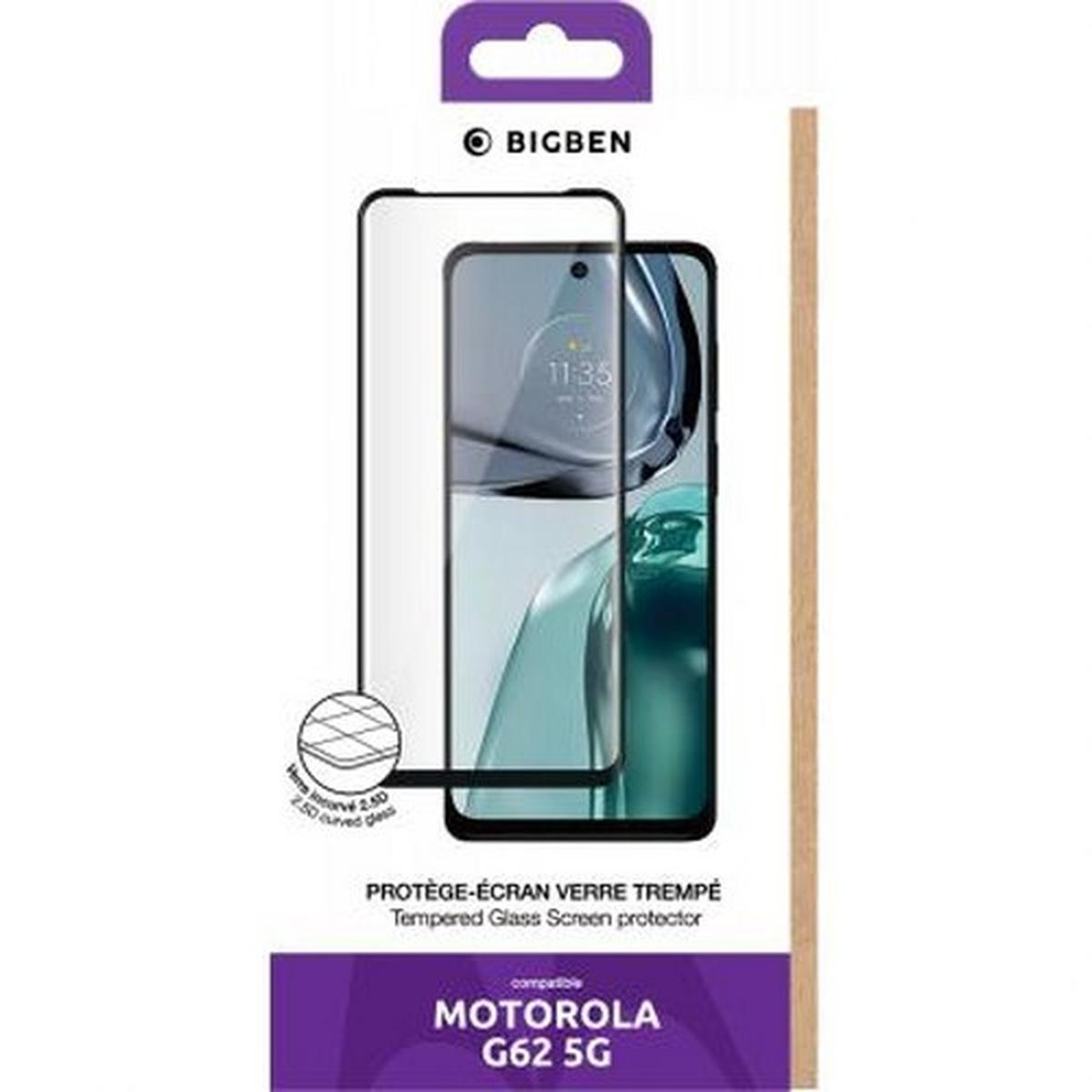 Una scatola di protezione per schermo del telefono. Ha uno schermo, una parte superiore viola e il logo 'BIGBEN'. Testo: 'MOTOROLA G62 5G'.