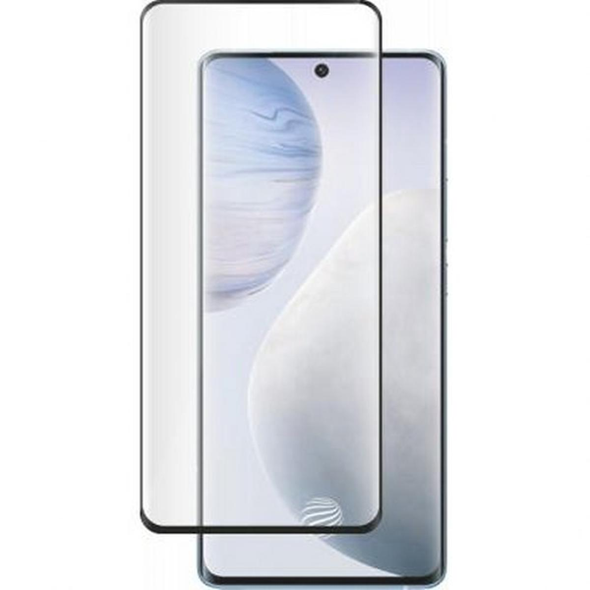 Een smartphone met een schermbeschermer erop. De telefoon toont een lichtblauw en wit abstract patroon. Een heldere schermbeschermer is overgelegd.