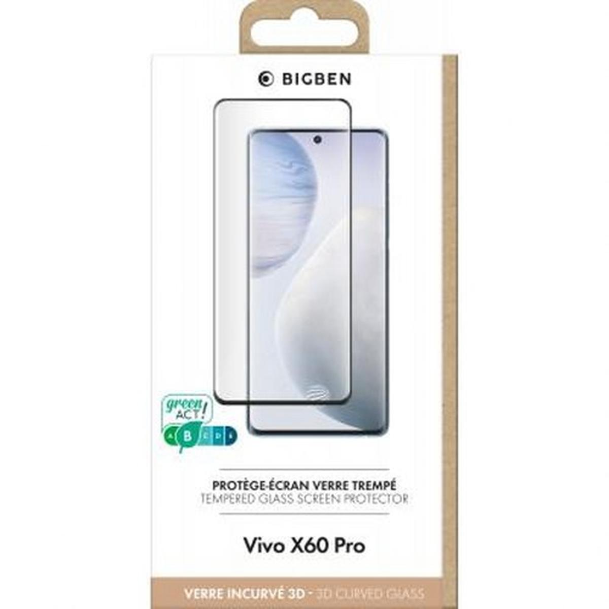 Een doosje voor een schermbeschermer met een telefoonafbeelding. Bevat teksten als 'BIGBEN', 'Vivo X60 Pro' en 'Tempered Glass'.