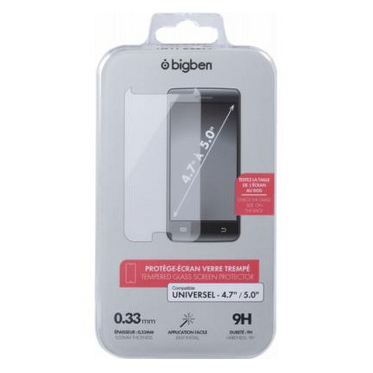 Una confezione di protezione schermo in vetro temperato Bigben. Mostra un telefono e una protezione schermo. La dimensione è 4.7"/5.0" e lo spessore è 0.33mm.