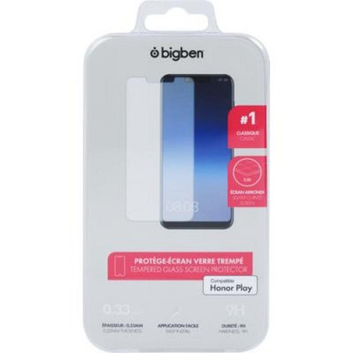 Una confezione di protezione schermo per telefono. Ha un'immagine del telefono sul davanti, con testo come "bigben" e "Tempered Glass Screen Protector".