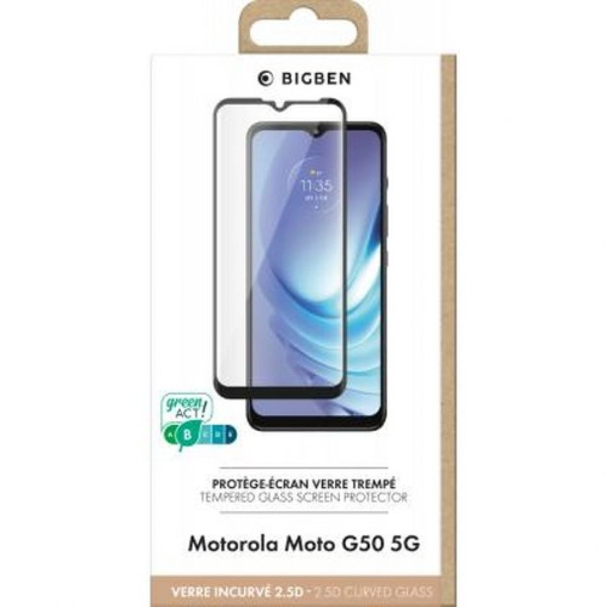 Un protecteur d'écran pour Motorola Moto G50 5G. L'emballage est blanc avec une image de téléphone affichant l'heure 11:35. La marque est BIGBEN.