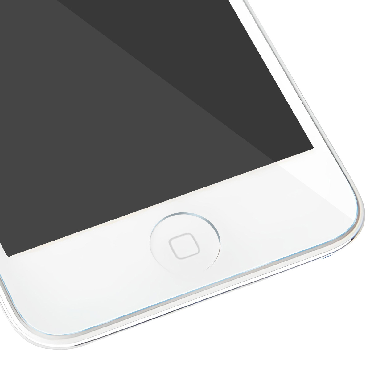 Een witte smartphone met een zwart scherm. De homeknop is zichtbaar. De telefoon staat op een witte achtergrond.