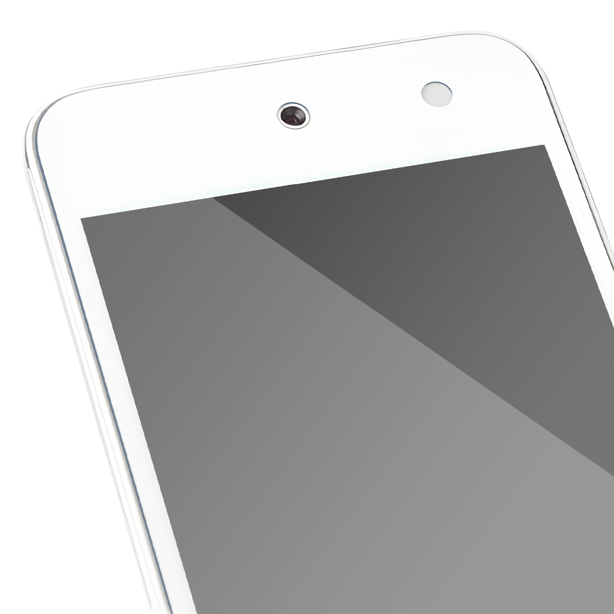 Close-up van een witte smartphone. Het scherm is grijs en er zijn twee cirkelvormige elementen aan de bovenkant. De rand is wit.