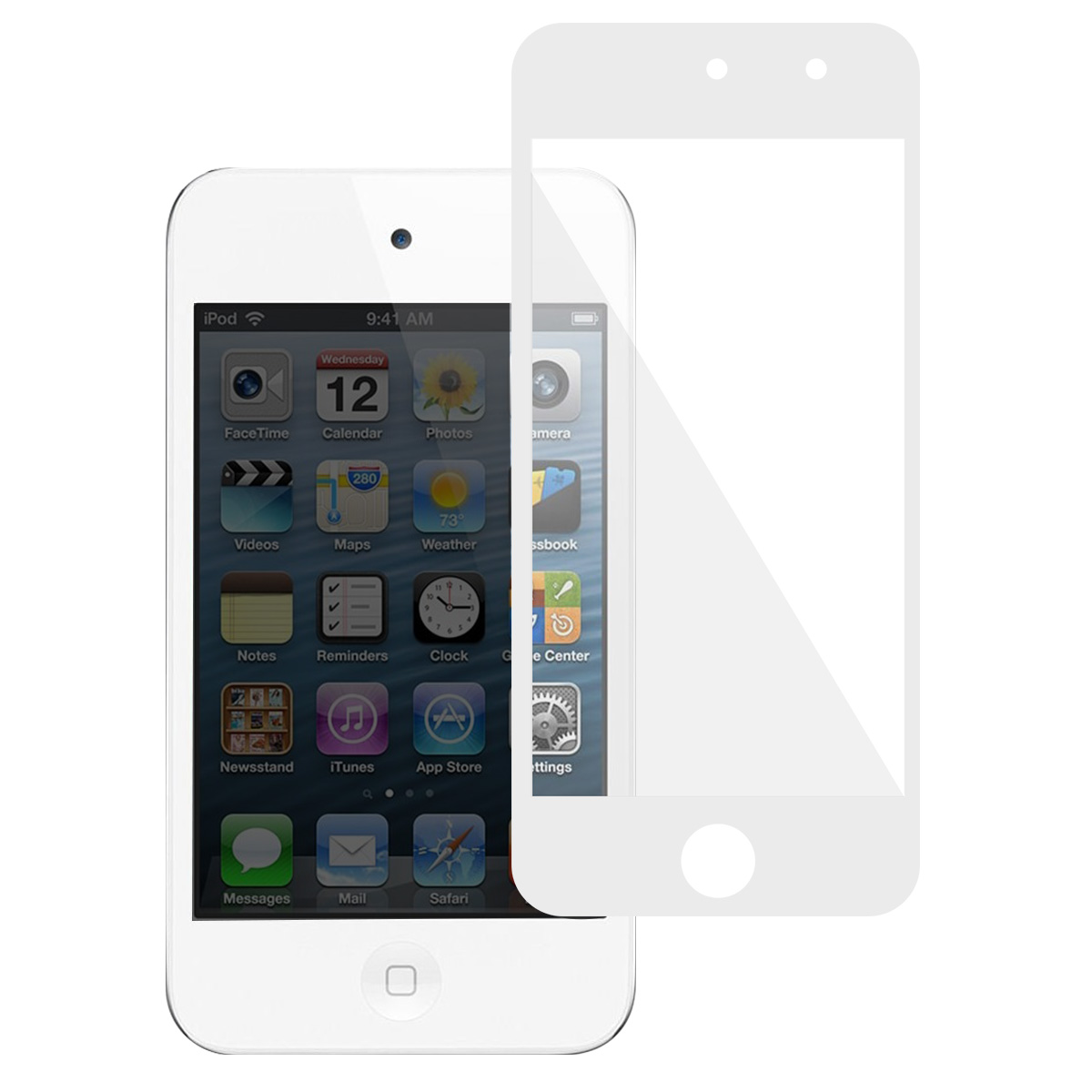 Witte iPod met schermbeschermer. Het scherm toont app-iconen zoals FaceTime, Agenda en Foto's. De tijd is 9:41 uur, woensdag 12.